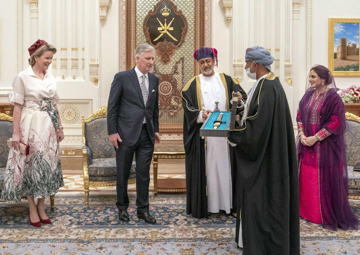 Queen Mathilde of Belgium, King Philippe - Filip of Belgium and Sultan of Oman Haitham bin Tariq Al Said the Honorable Lady Ahad bint Abdullah pictured during a diplomatic meeting at the Al Alam Palace in Muscat, Oman on Thursday 03 February 2022, day two of an official visit of the Belgian Royals to the Sultanate of Oman and United Arab Emirates