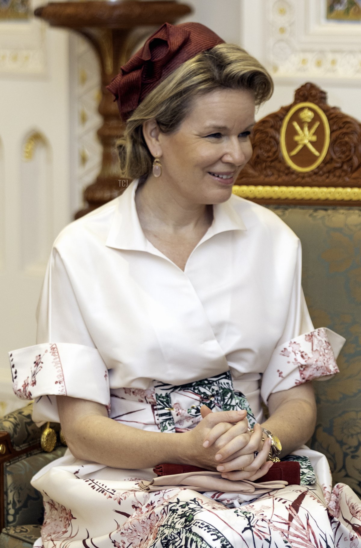 Queen Mathilde of Belgium pictured during a diplomatic meeting at the Al Alam Palace in Muscat, Oman on Thursday 03 February 2022, day two of an official visit of the Belgian Royals to the Sultanate of Oman and United Arab Emirates