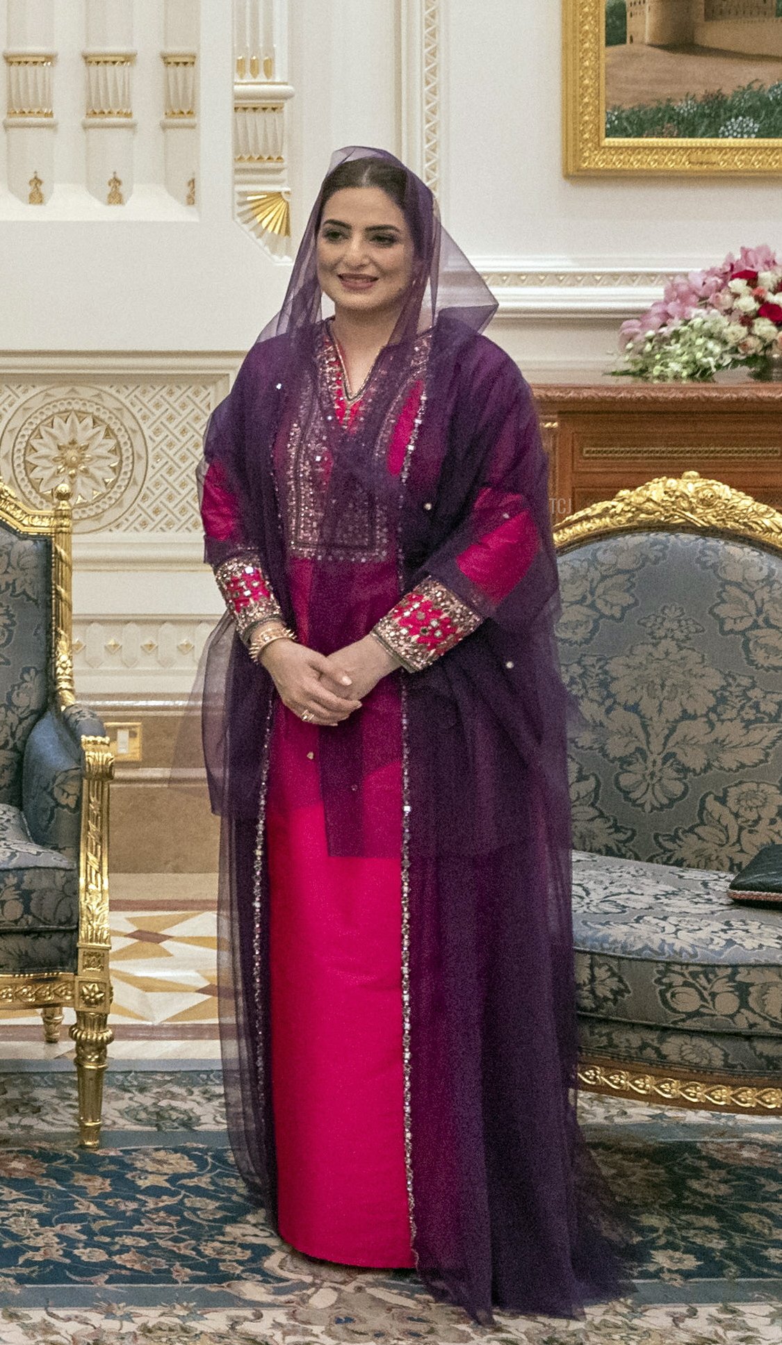 Sultan of Oman Haitham bin Tariq Al Said 's wife the Honorable Lady Ahad bint Abdullah pictured during a diplomatic meeting at the Al Alam Palace in Muscat, Oman on Thursday 03 February 2022, day two of an official visit of the Belgian Royals to the Sultanate of Oman and United Arab Emirates
