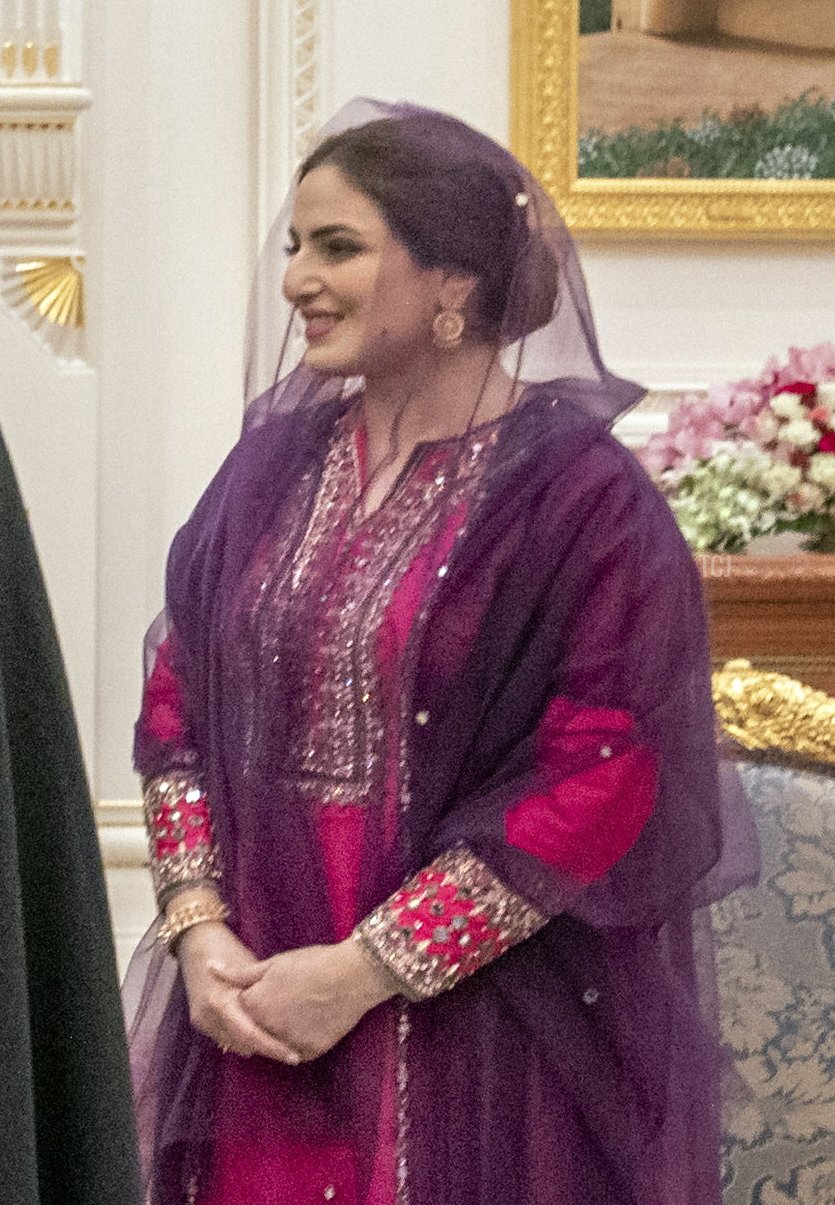 Sultan of Oman Haitham bin Tariq Al Said 's wife the Honorable Lady Ahad bint Abdullah pictured during a diplomatic meeting at the Al Alam Palace in Muscat, Oman on Thursday 03 February 2022, day two of an official visit of the Belgian Royals to the Sultanate of Oman and United Arab Emirates
