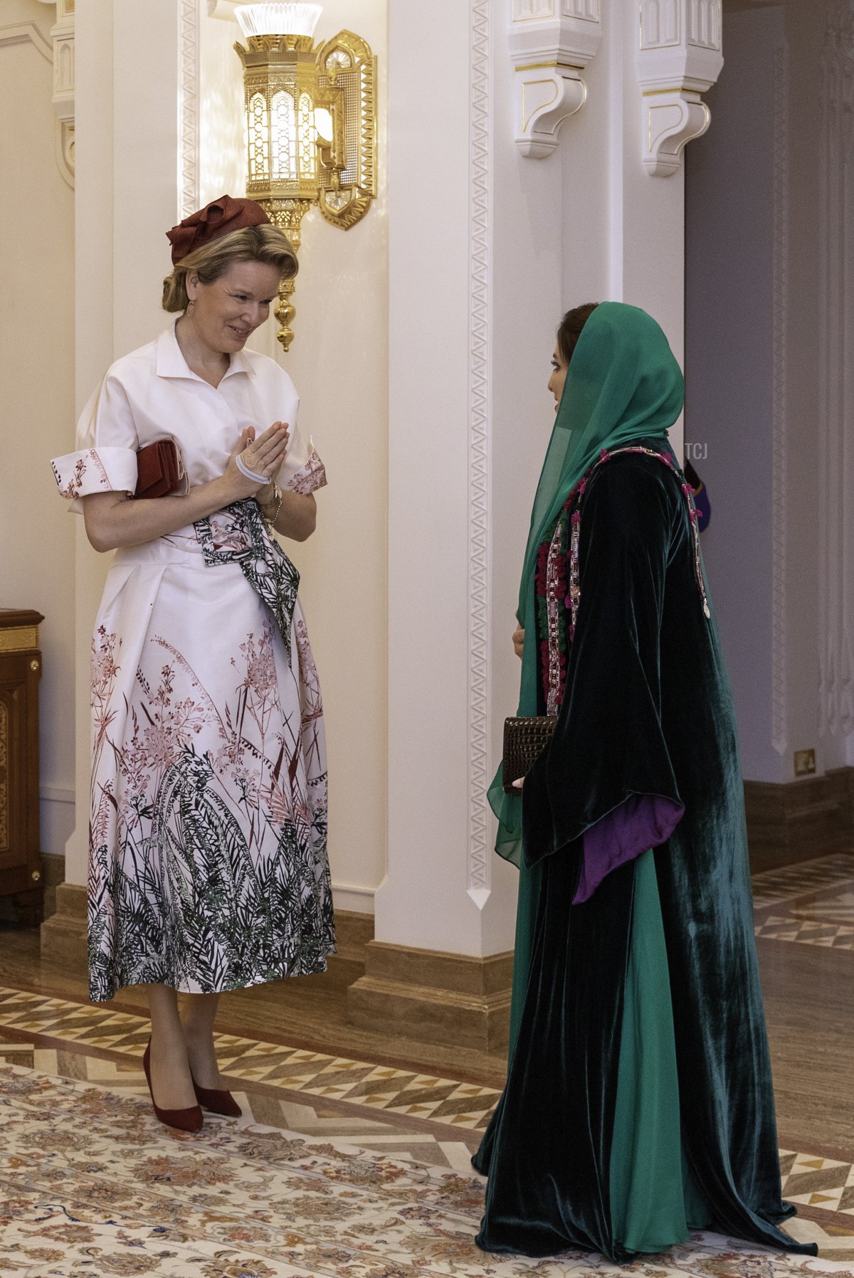 Queen Mathilde of Belgium and Sultan of Oman Haitham bin Tariq Al Said 's wife the Honorable Lady Ahad bint Abdullah pictured during a diplomatic meeting at the Al Alam Palace in Muscat, Oman on Thursday 03 February 2022, day two of an official visit of the Belgian Royals to the Sultanate of Oman and United Arab Emirates