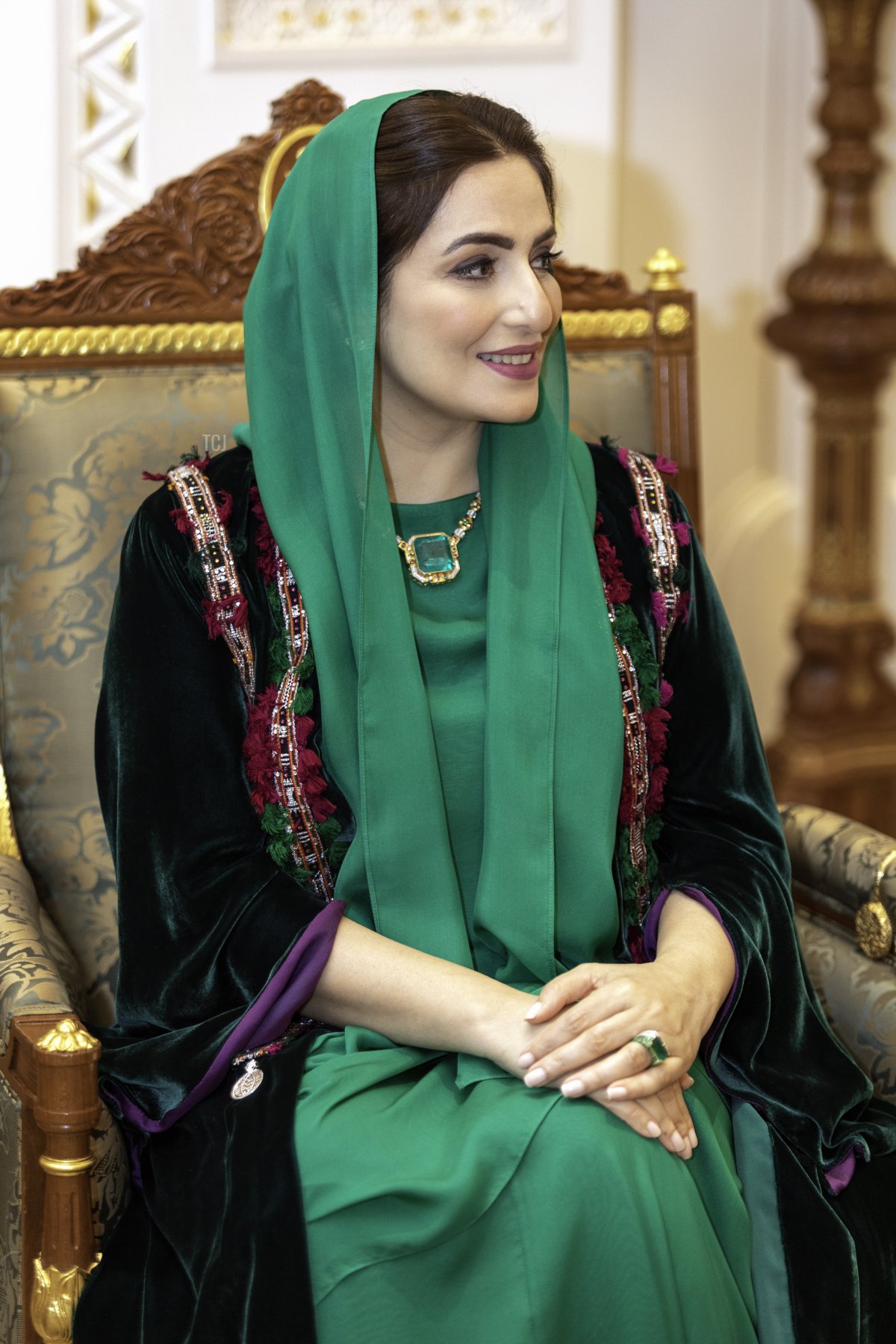 Sultan of Oman Haitham bin Tariq Al Said 's wife the Honorable Lady Ahad bint Abdullah pictured during a diplomatic meeting at the Al Alam Palace in Muscat, Oman on Thursday 03 February 2022, day two of an official visit of the Belgian Royals to the Sultanate of Oman and United Arab Emirates