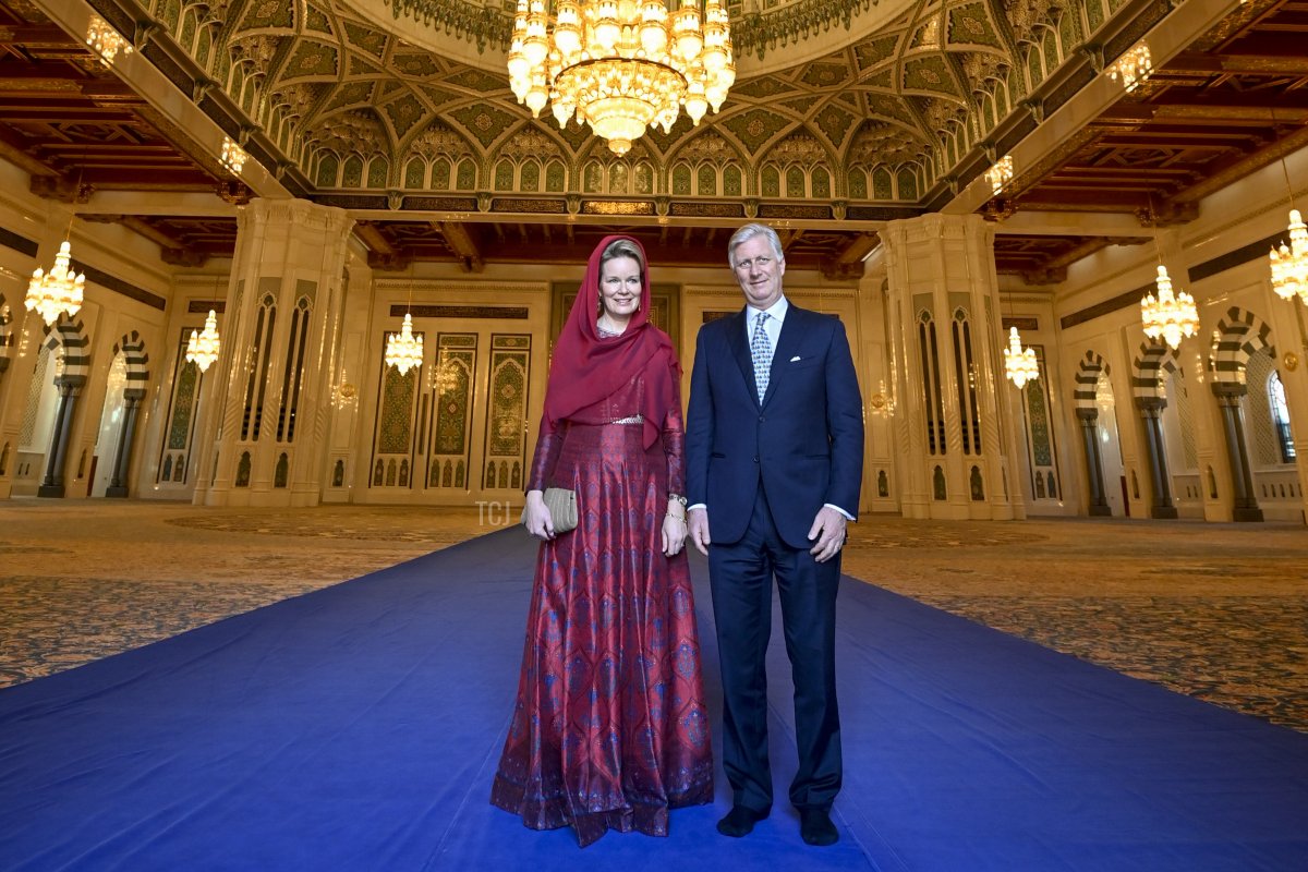 Queen Mathilde of Belgium and King Philippe - Filip of Belgium pictured during a visit to the Sultan Qaboos Grand Mosque in Muscat, Oman on Thursday 03 February 2022, day two of an official visit of the Belgian Royals to the Sultanate of Oman and United Arab Emirates