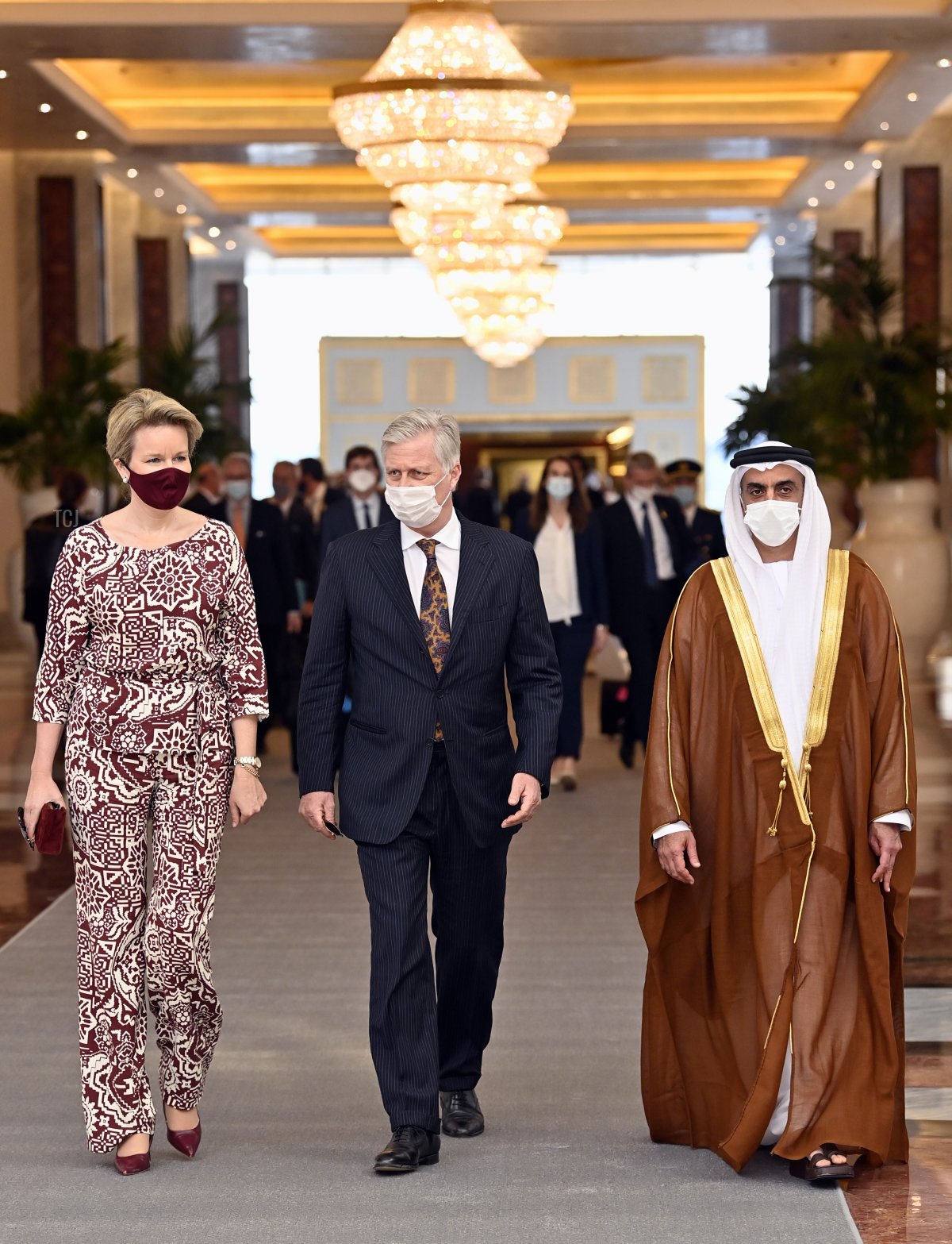 King Philippe - Filip of Belgium and Queen Mathilde of Belgium pictured during a welcoming ceremony at Abu Dhabi International Airport, the United Arab Emirates, during an official visit of the Belgian Royals to the Sultanate of Oman and United Arab Emirates, Friday 04 February 2022