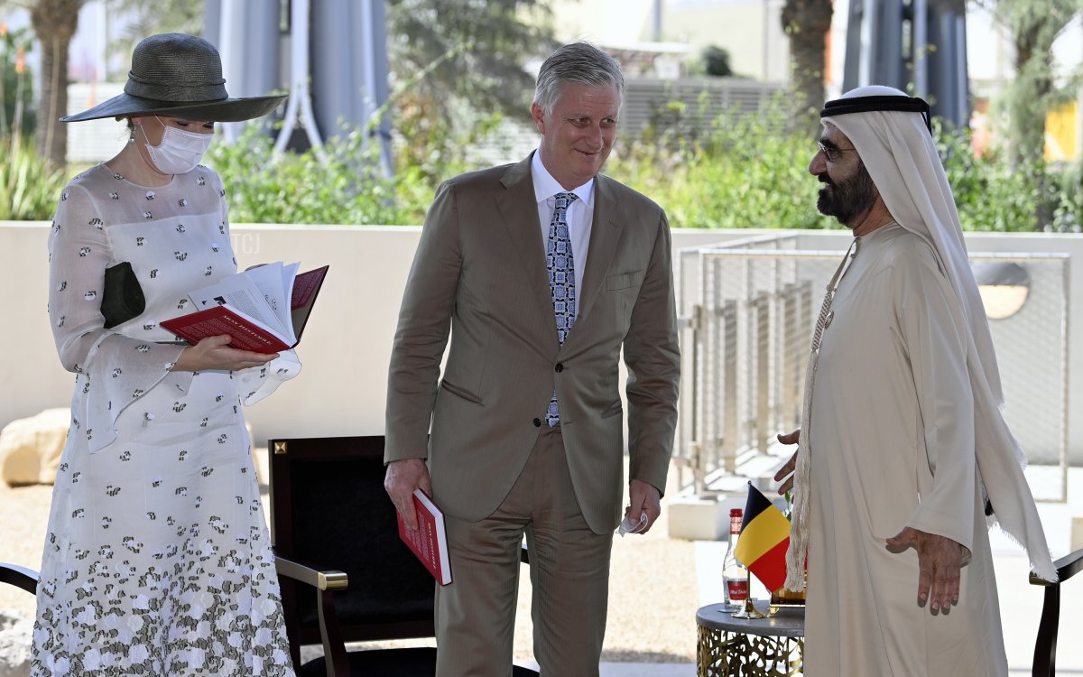 King Philippe - Filip of Belgium, Queen Mathilde of Belgium and Sheikh Mohammed bin Rashid Al Maktoum, Vice President and Prime Minister of the United Arab Emirates (UAE) pictured during a visit to the Dubai Expo 2020 on the last day of an official visit of the Belgian Royals to the Sultanate of Oman and United Arab Emirates, Saturday 05 February 2022