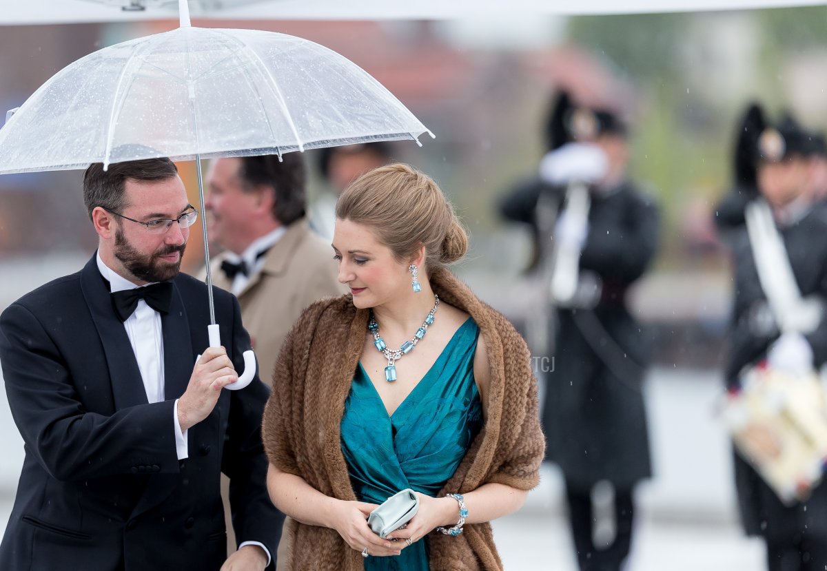 Prince Guillaume of Luxembourg and Princess Stephanie of Luxembourg arrives at the Opera House on the occasion of the celebration of King Harald and Queen Sonja of Norway 80th birthdays on May 10, 2017 in Oslo, Norway