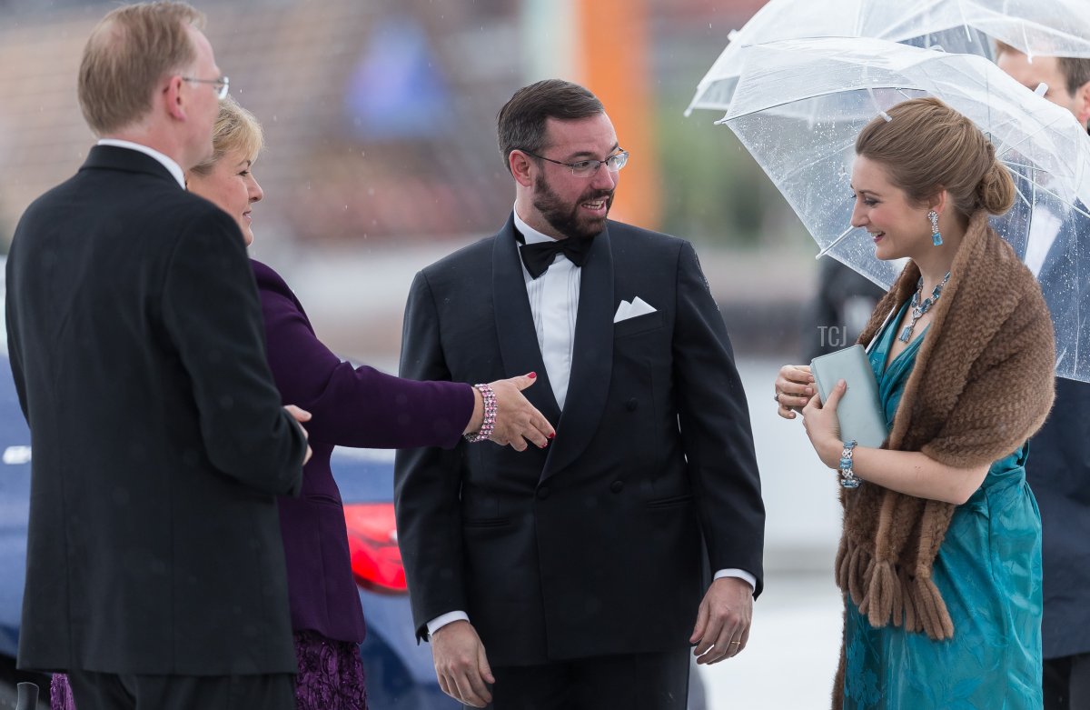 Prince Guillaume of Luxembourg and Princess Stephanie of Luxembourg arrives at the Opera House on the occasion of the celebration of King Harald and Queen Sonja of Norway 80th birthdays on May 10, 2017 in Oslo, Norway