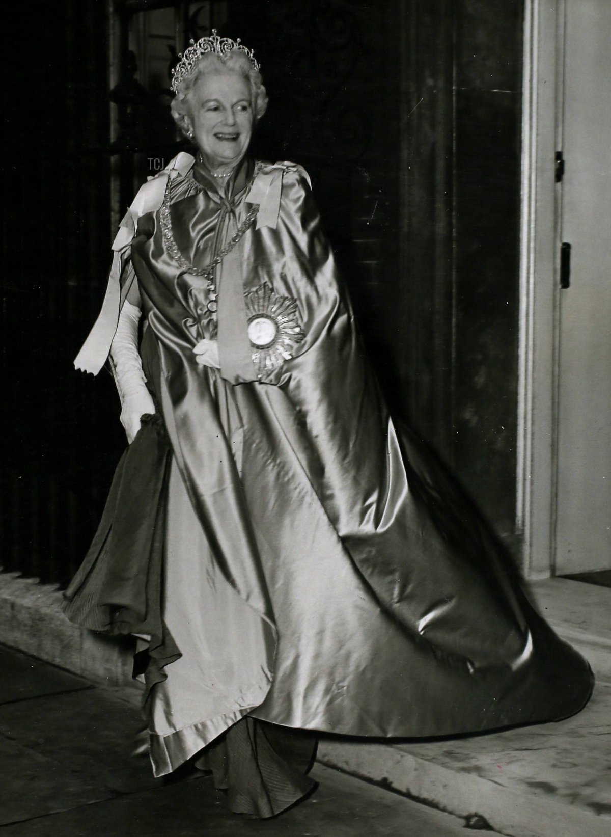 Lady Churchill Leaves for the Abbey, Lady Churchill, wife of the Prime Minister photographed leaving her home for Westminster Abbey to attend the Coronation, 1953