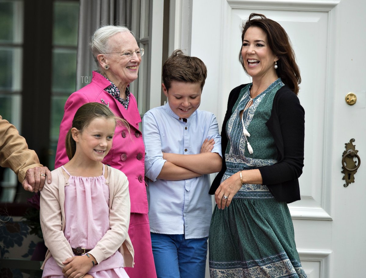 Danish royal house poses on front steps in the inner courtyard for the annual photo session on July 15, 2016 at Graasten Castle in Denmark