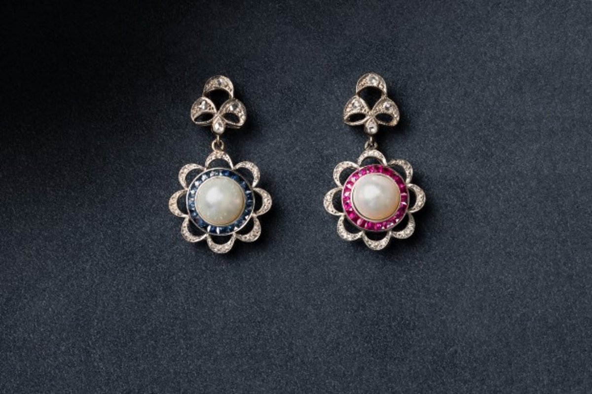The Pearl, Sapphire, and Ruby Earrings