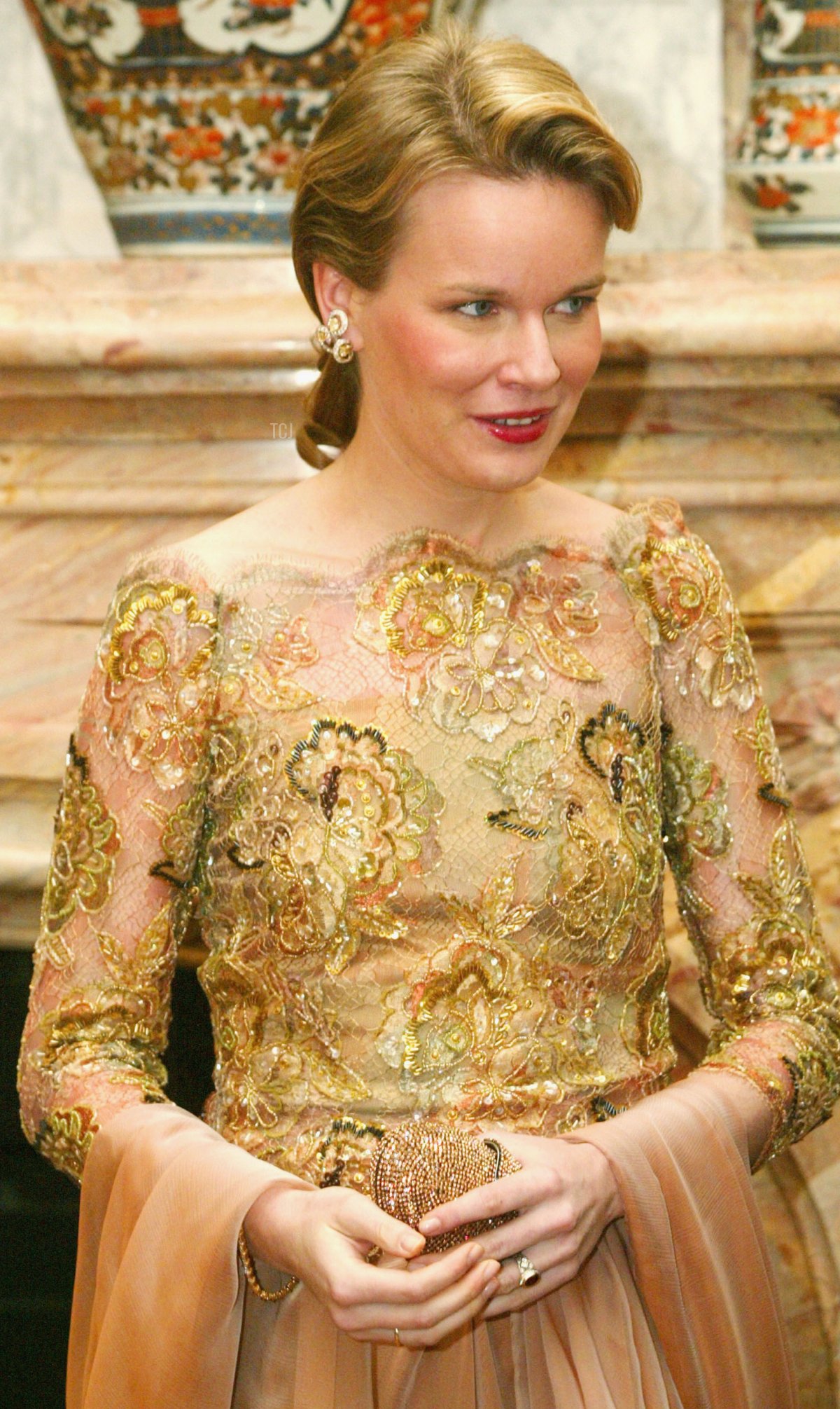 Princess Mathilde, of the Belgium Royal Family, attends a gala dinner for the President of the Hellenic Republic, Constantinos Stephanopoulos, at the Royal Castle on February 1, 2005 in Laeken, Belgium