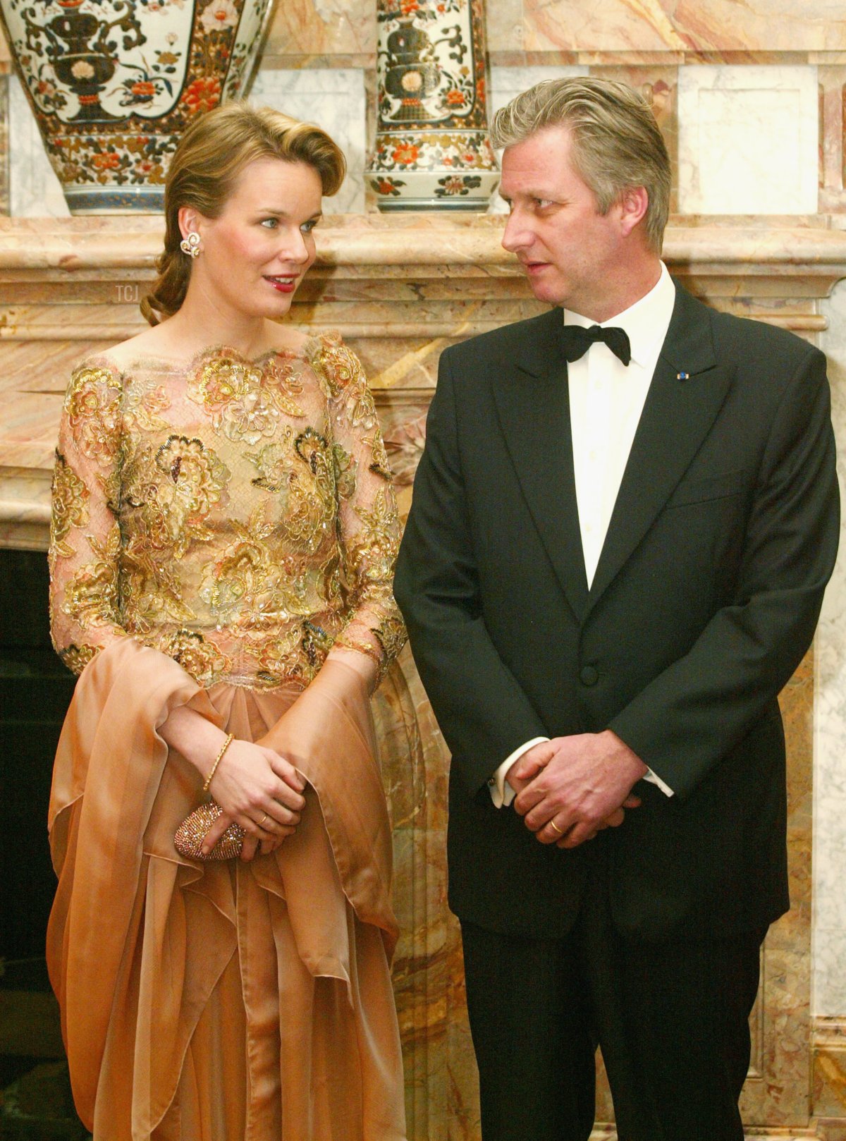 Princess Mathilde and Prince Philippe, of the Belgium Royal Family, attend a gala dinner for the President of the Hellenic Republic, Constantinos Stephanopoulos, at the Royal Castle on February 1, 2005 in Laeken, Belgium