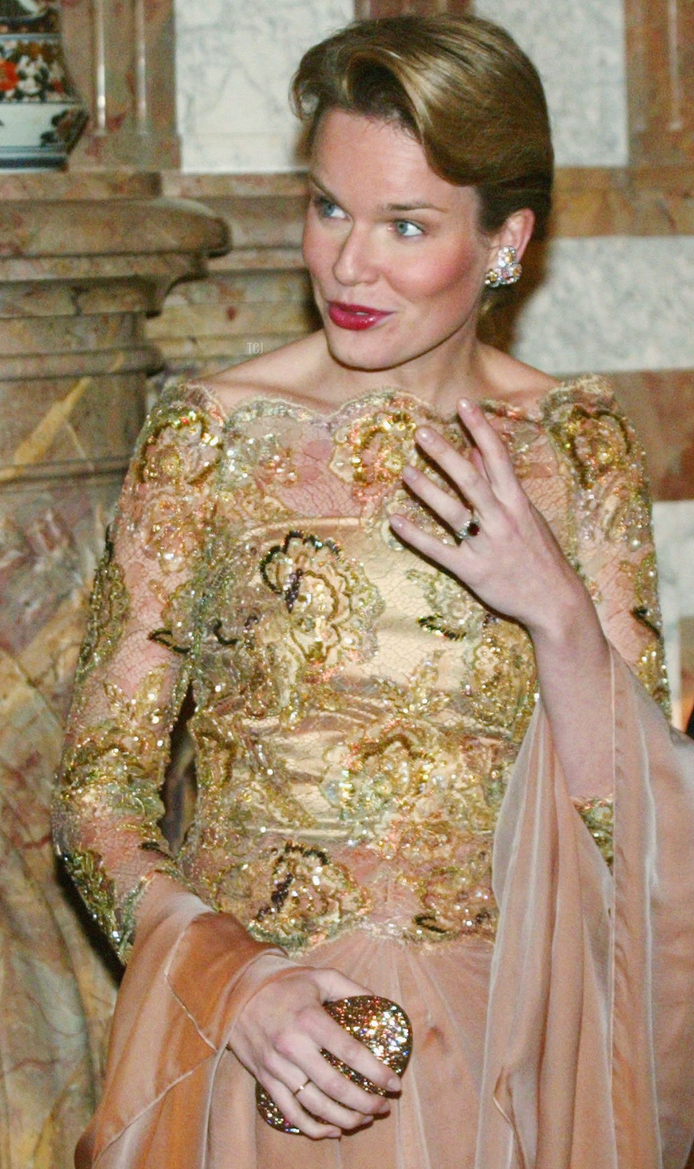 Princess Mathilde attends a gala dinner for the President of the Hellenic Republic, Constantinos Stephanopoulos, at the Royal Castle on February 1, 2005 in Laeken, Belgium