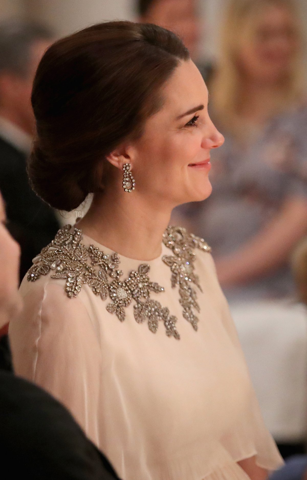 Catherine, Duchess of Cambridge smiles during a dinner at the Royal Palace with Prince William, Duke of Cambridge on day 3 of their visit to Sweden and Norway on February 1, 2018 in Oslo, Norway