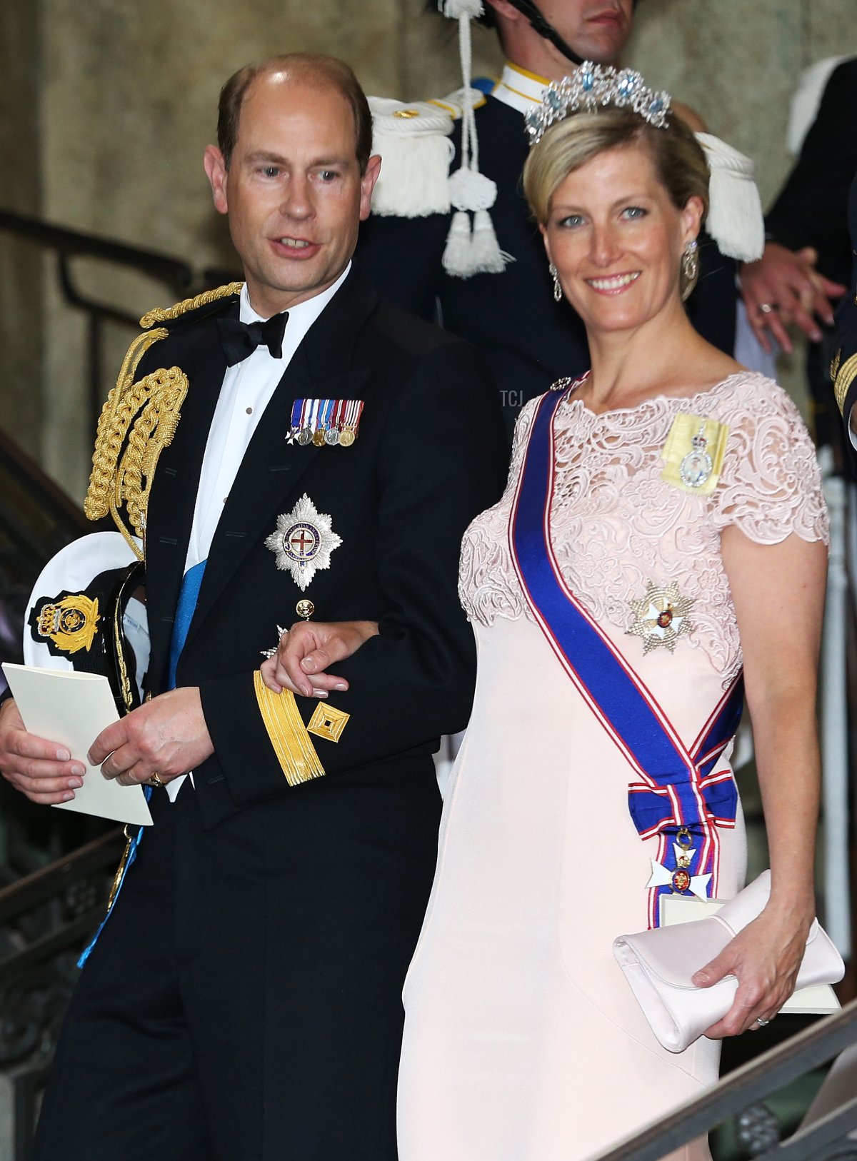 Prince Edward, Earl of Wessex and Sophie, Countess of Wessex depart from the wedding ceremony of Princess Madeleine of Sweden and Christopher O'Neill hosted by King Carl Gustaf XIV and Queen Silvia at The Royal Palace on June 8, 2013 in Stockholm, Sweden