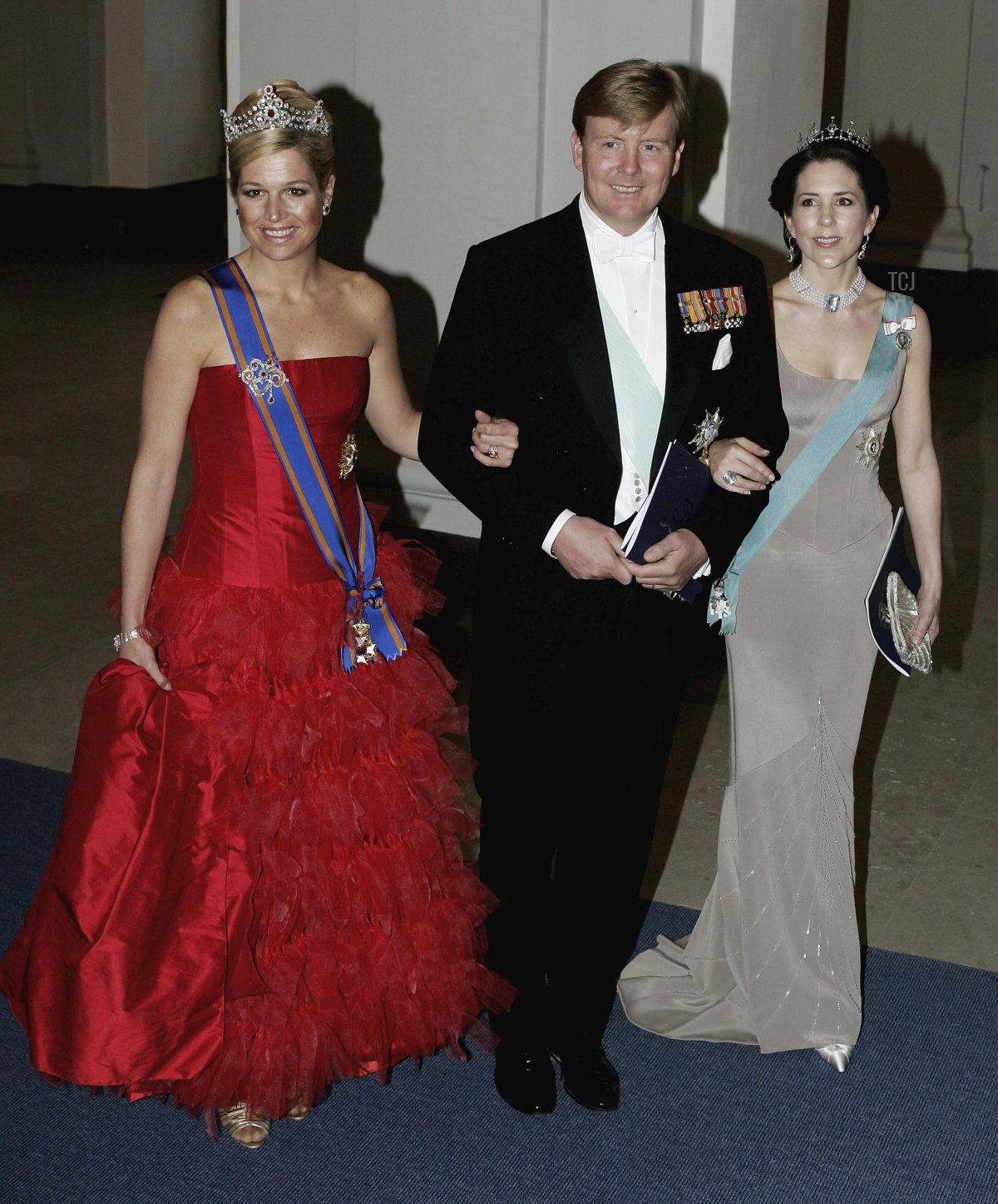 Princess Maxima of the Netherlands, Prince Willem-Alexander of the Netherlands and Princess Mary of Denmark arrive for the Gala Dinner at Royal Palace to celebrate King Carl XVI Gustaf of Sweden's 60th birthday on April 30, 2006 in Stockholm, Sweden