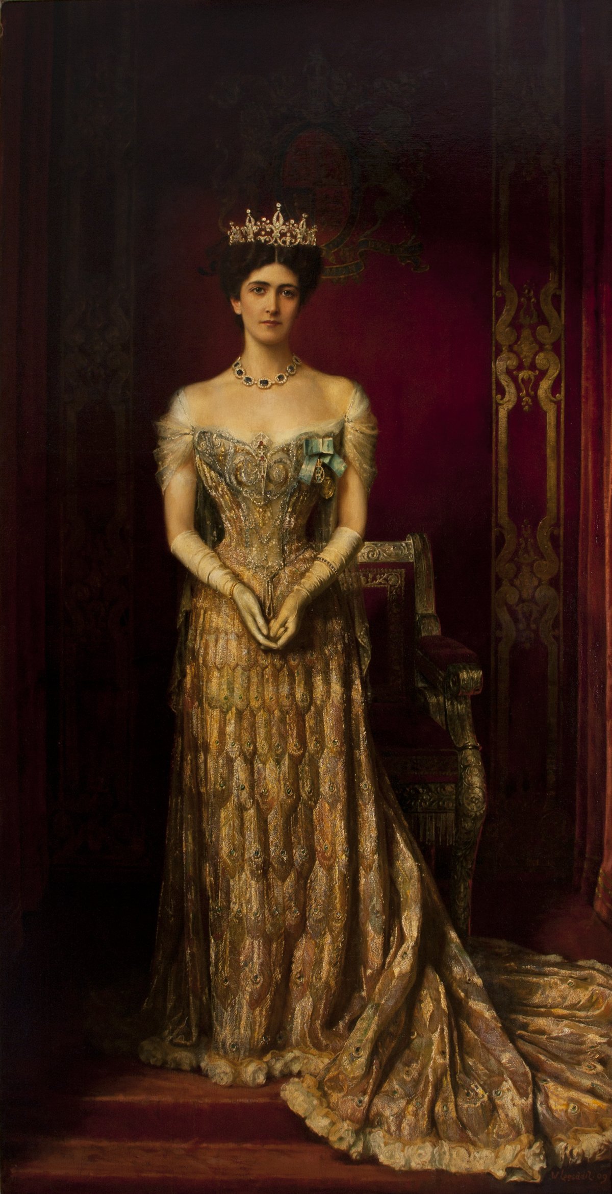 Lady Curzon wearing the "Peacock Dress" created for her in 1903 by the House of Worth (designed by Charles Frederick's son, Jean-Philippe Worth). This portrait completed posthumously in 1909 by William Logsdail following Lady Curzon's death in 1906
