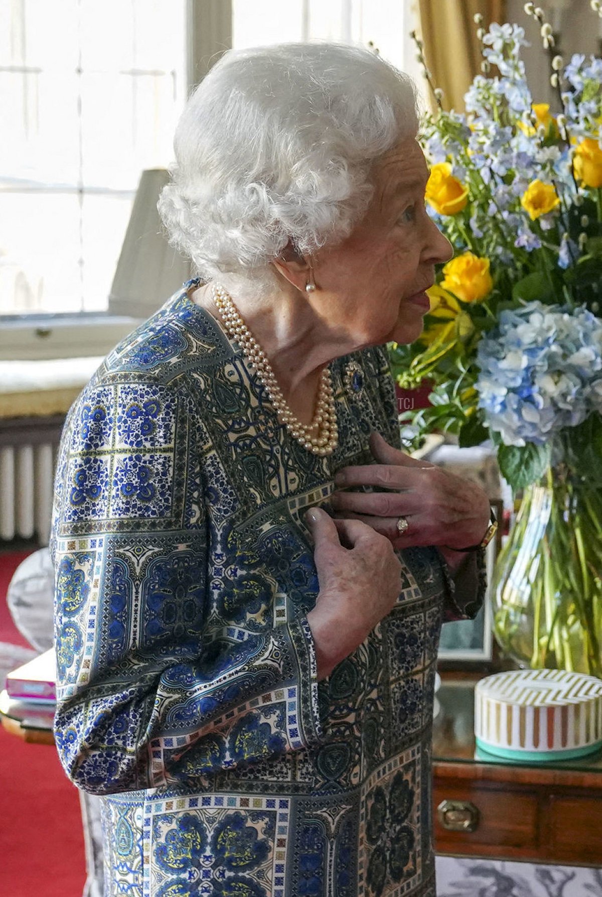 Britain's Queen Elizabeth II (L) speaks with Canadian Prime Minister Justin Trudeau during an audience at the Windsor Castle, Berkshire, on March 7, 2022
