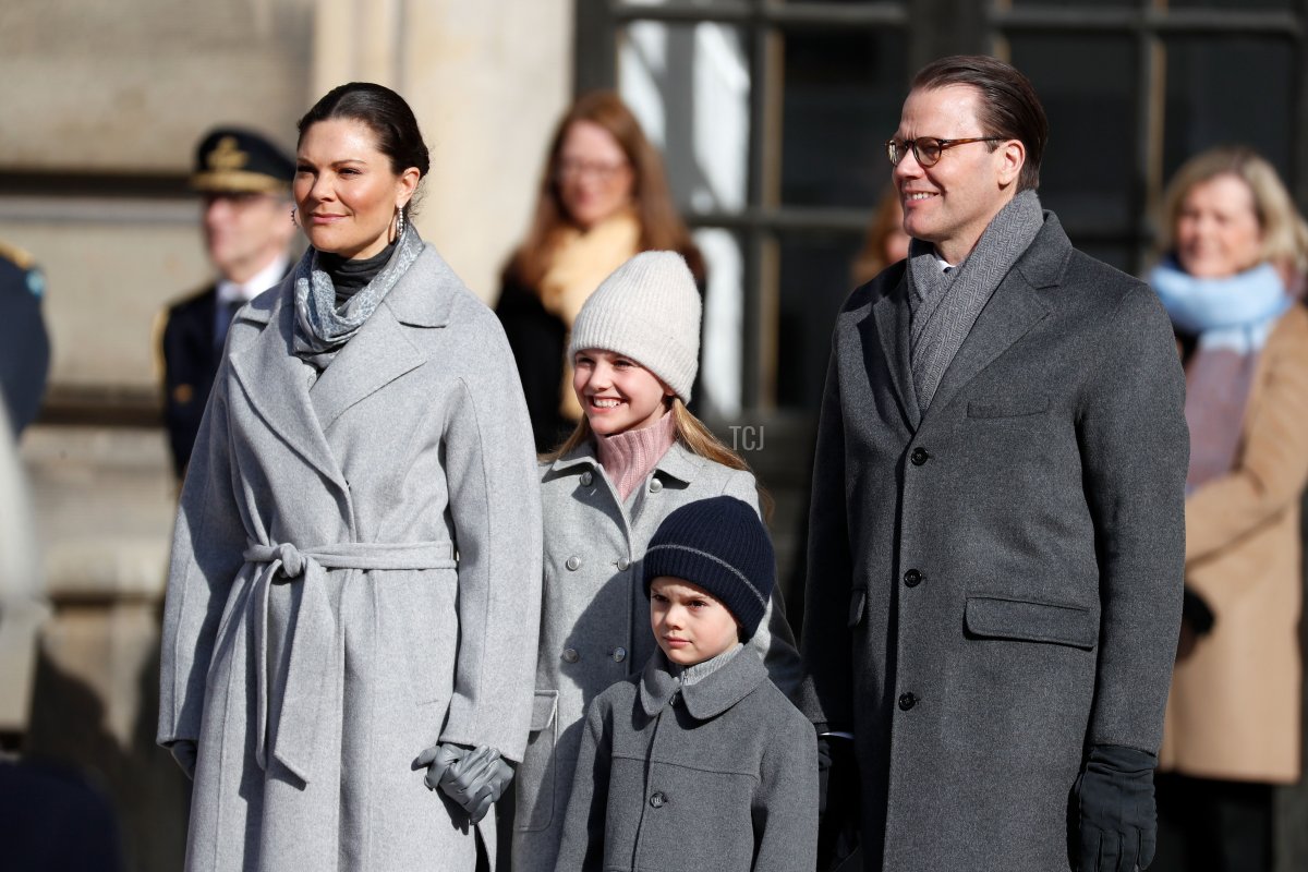 Crown Princess Victoria of Sweden, Princess Estelle of Sweden, Prince Oscar of Sweden and Prince Daniel of Sweden attend the Crown Princess' Name Day celebrations at the Stockholm Royal Palace on March 12, 2022 in Stockholm, Sweden