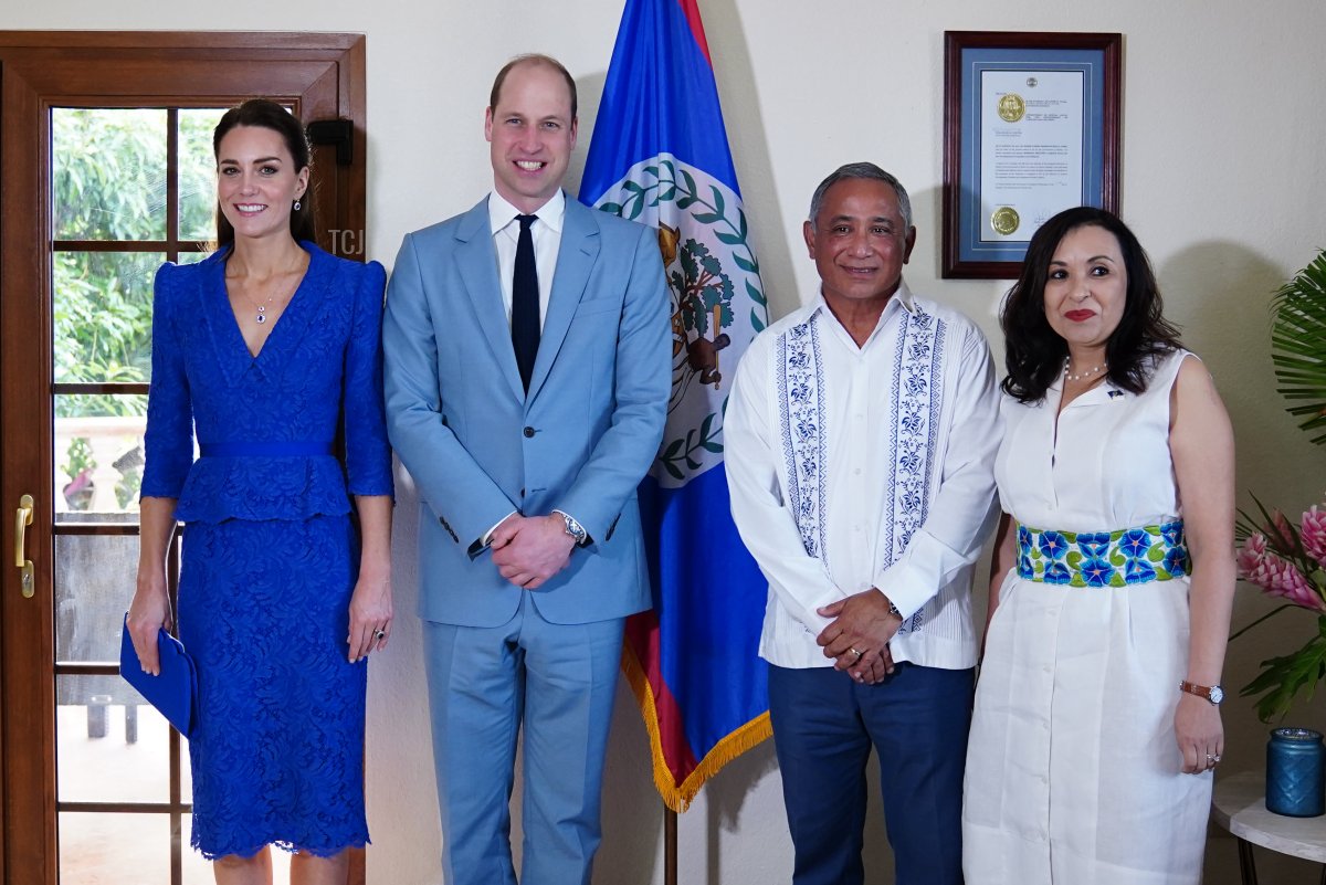 Catherine, Duchess of Cambridge and Prince William, Duke of Cambridge meet the Prime Minister of Belize Johnny Briceno and wife Rossana Briceno, at the Laing Building, Belize City, as they begin their tour of the Caribbean on behalf of the Queen to mark her Platinum Jubilee, on March 19, 2022 in Belize City, Belize