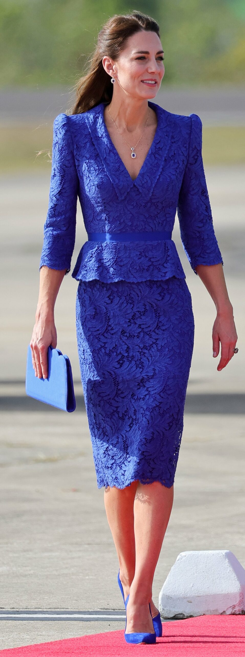 Catherine, Duchess of Cambridge arrives at Philip S. W Goldson International Airport on March 19, 2022 in Belize City, Belize