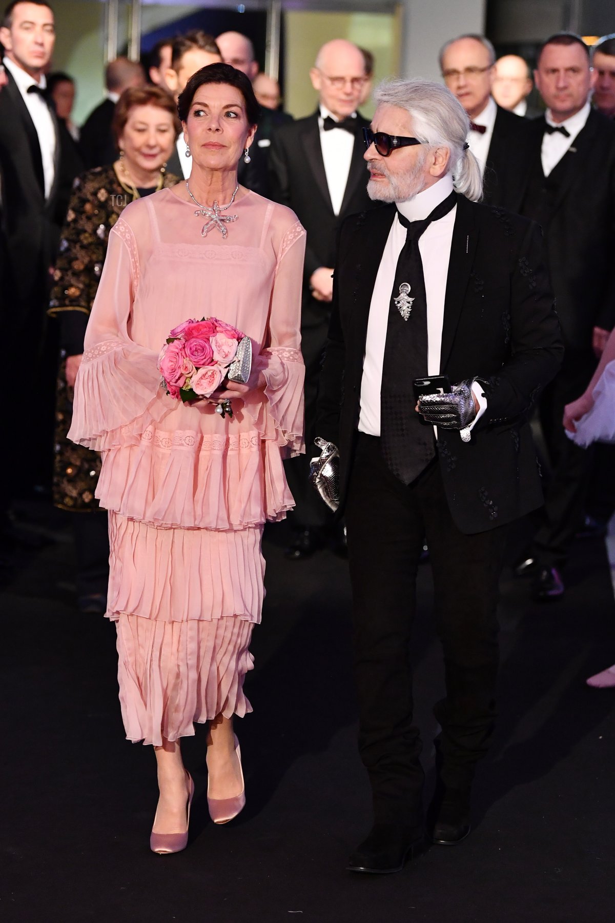 Princess Caroline of Hanover and Karl Lagerfeld arrive at the Rose Ball 2018 To Benefit The Princess Grace Foundation at Sporting Monte-Carlo on March 24, 2018 in Monte-Carlo, Monaco