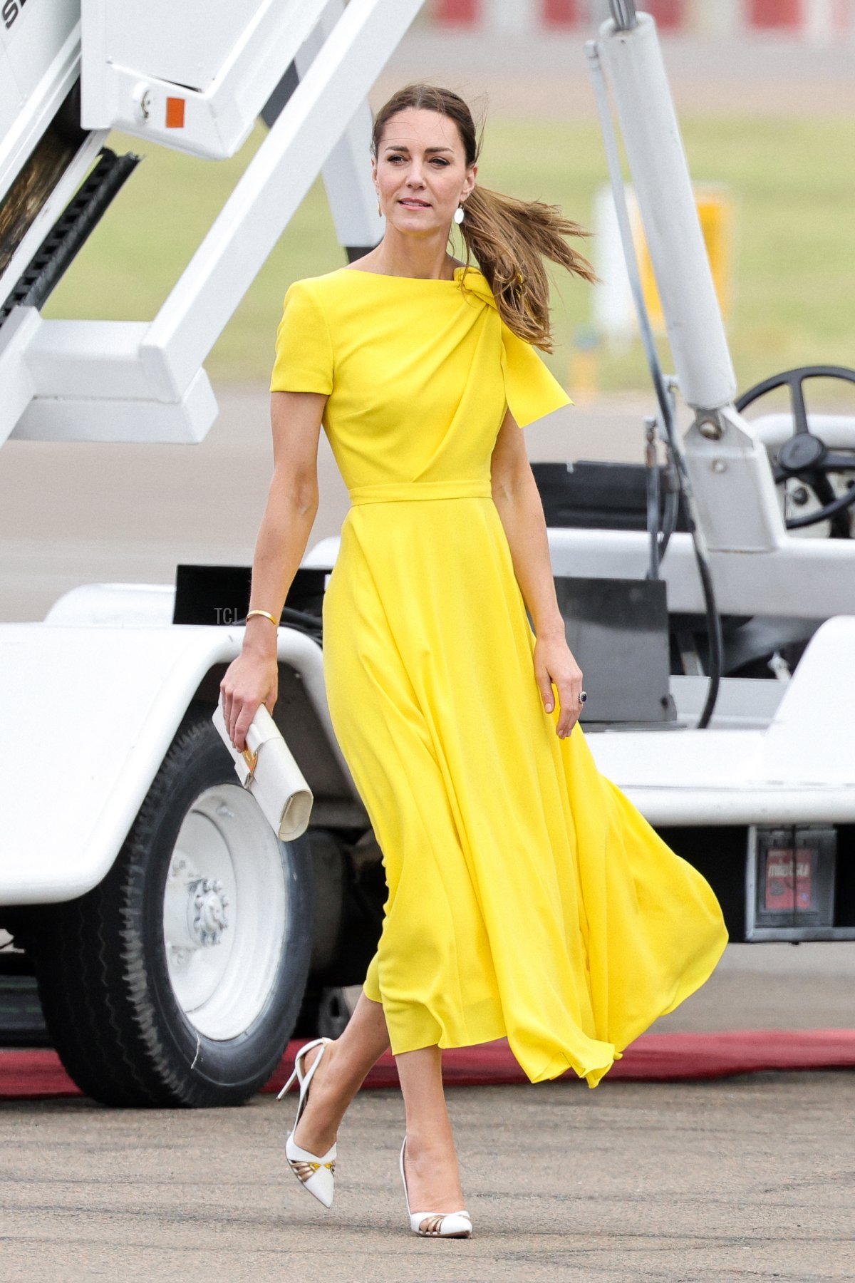Catherine, Duchess of Cambridge during the official arrival at Norman Manley International Airport on March 22, 2022 in Kingston, Jamaica