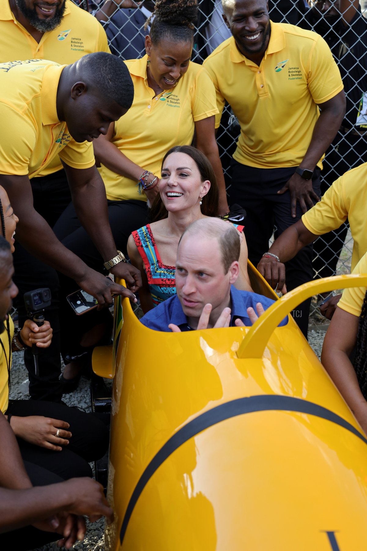 Prince William, Duke of Cambridge and Catherine, Duchess of Cambridge meet The Jamaica National bobsleigh team during a visit to Trench Town, the birthplace of reggae music, on day four of the Platinum Jubilee Royal Tour of the Caribbean on March 22, 2022 in Kingston, Jamaica