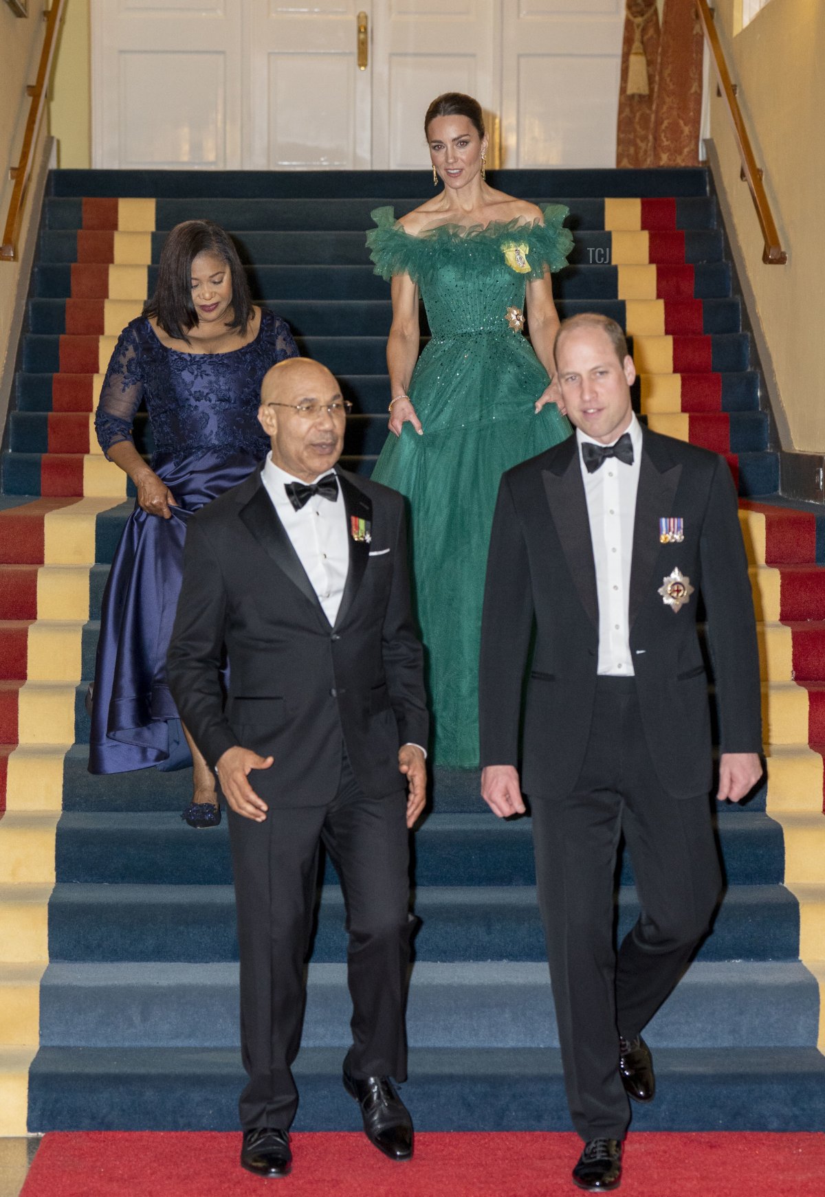 The Duke and Duchess of Cambridge attend the dinner hosted by Patrick Allen, Governor General of Jamaica, at King's House, on March 23, 2022 in Kingston, Jamaica