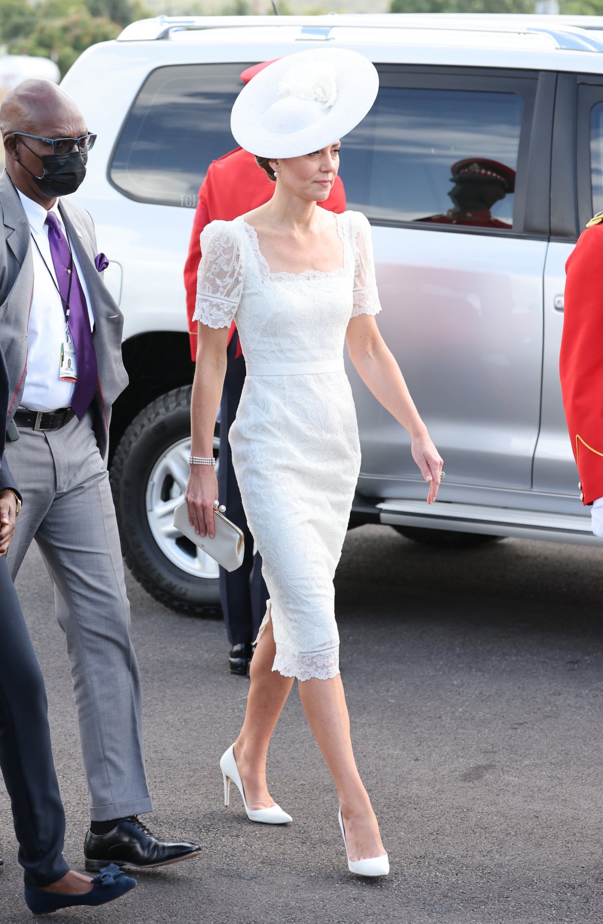 Catherine, Duchess of Cambridge attends the inaugural Commissioning Parade for service personnel from across the Caribbean with Prince William, Duke of Cambridge, at the Jamaica Defence Force on day six of the Platinum Jubilee Royal Tour of the Caribbean on March 24, 2022 in Kingston, Jamaica