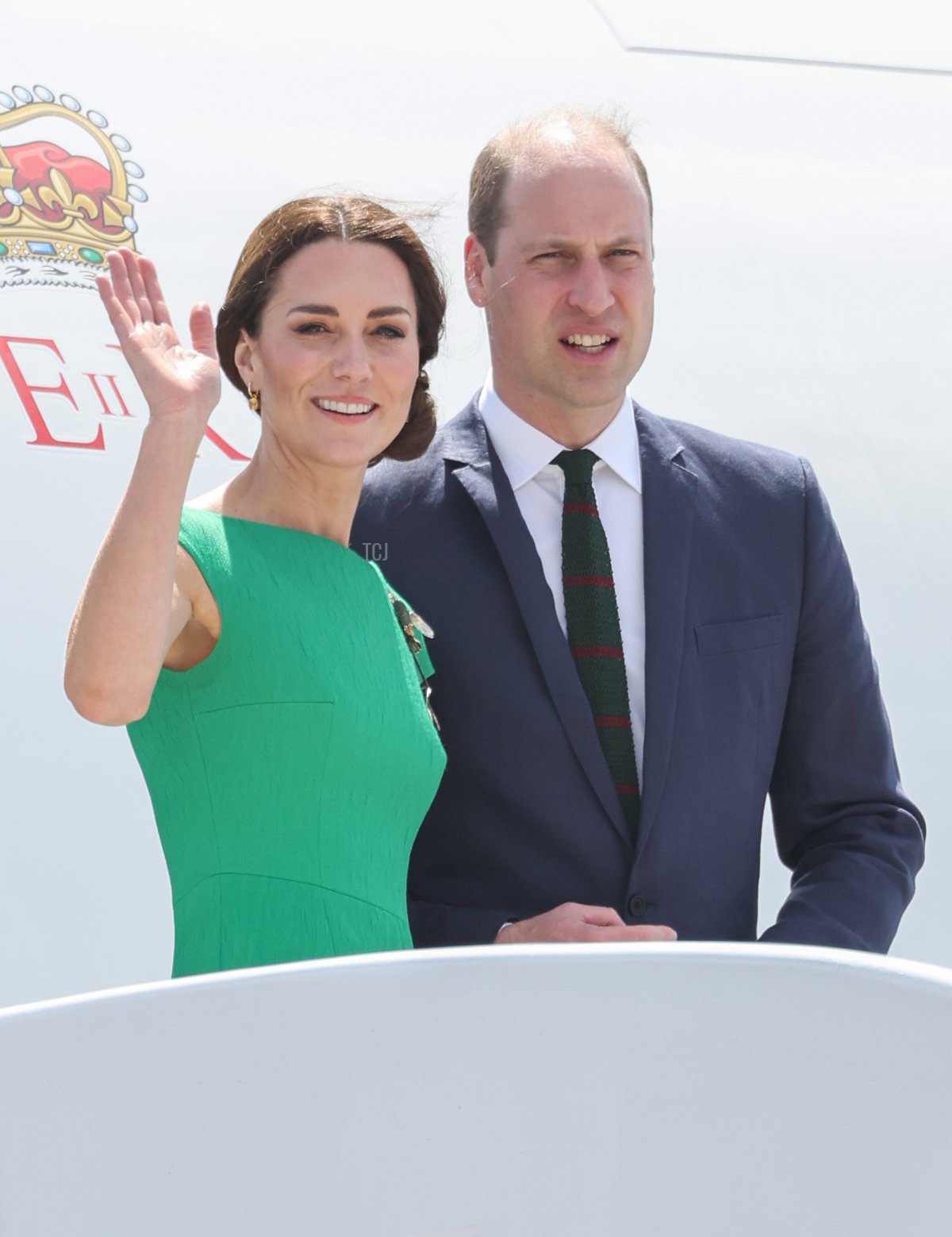 Catherine, Duchess of Cambridge and Prince William, Duke of Cambridge wave as they depart on their RAF Voyager plane from Norman Manley International Airport on day six of the Platinum Jubilee Royal Tour of the Caribbean on March 24, 2022 in Kingston, Jamaica