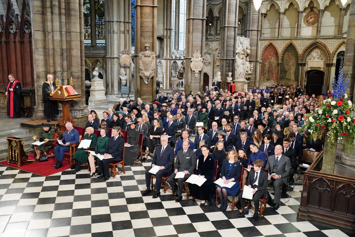 Queen Elizabeth II, Prince Charles, Prince of Wales and Camilla, Duchess of Cornwall, the Princess Royal, Vice Admiral Sir Tim Laurence, the Duke of York, The Earl of Wessex, the Countess of Wessex, Lady Louise Mountbatten-Windsor and Viscount Severn. (second row left to right) The Duke of Cambridge, Prince George, Princess Charlotte, the Duchess of Cambridge, Peter Phillips, Isla Phillips, Savannah Phillips, Mia Tindall, Zara Tindall and Mike Tindall during a Service of Thanksgiving for the life of the Duke of Edinburgh, at Westminster Abbey on March 29, 2022 in London, England
