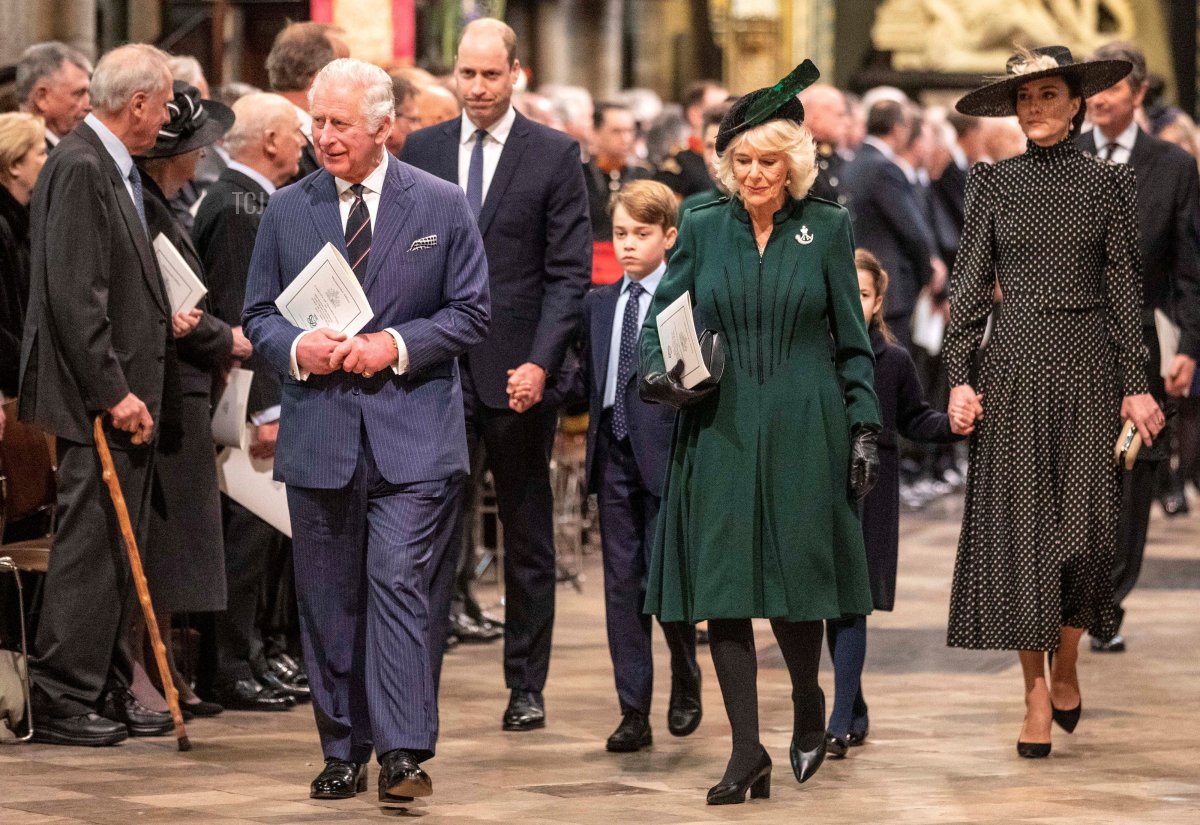 Britain's Prince Charles, Prince of Wales (from L), Britain's Prince William, Duke of Cambridge, Britain's Prince George of Cambridge Britain's Camilla, Duchess of Cornwall, Britain's Princess Charlotte of Cambridge (hiddnen) and Britain's Catherine, Duchess of Cambridge, arrive to attend a Service of Thanksgiving for Britain's Prince Philip, Duke of Edinburgh, at Westminster Abbey in central London on March 29, 2022