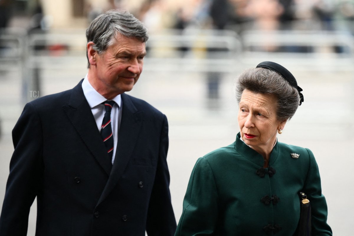 Britain's Princess Anne, Princess Royal (R) and Vice Admiral Timothy Laurence arrive to attend a Service of Thanksgiving for Britain's Prince Philip, Duke of Edinburgh, at Westminster Abbey in central London on March 29, 2022
