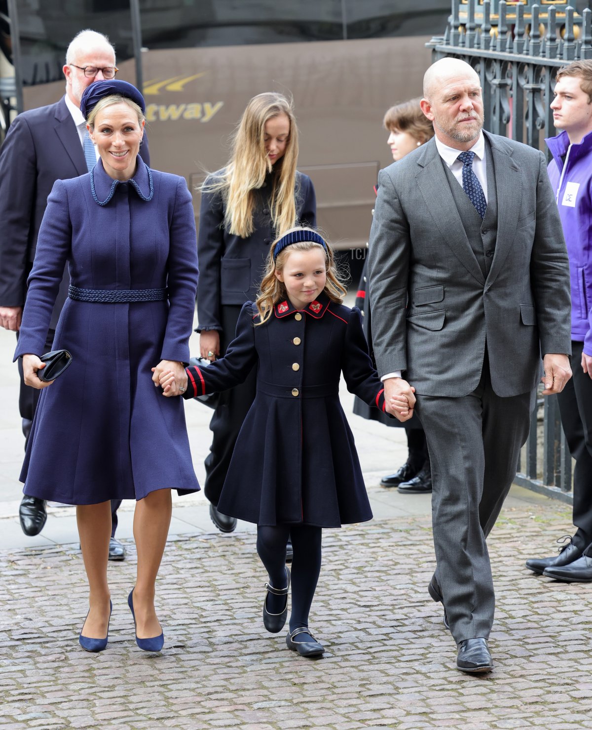 Zara Tindall, Mia Grace Tindall and Mike Tindall attend the memorial service for the Duke Of Edinburgh at Westminster Abbey on March 29, 2022 in London, England