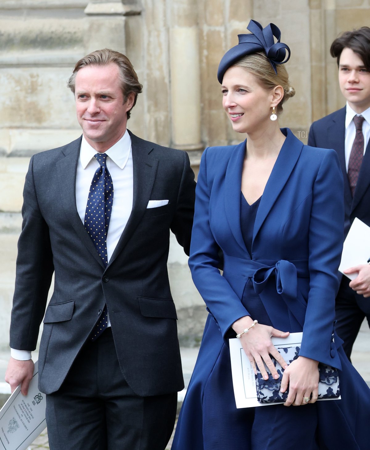 Thomas Kingston and Lady Gabriella Kingston depart the memorial service for the Duke Of Edinburgh at Westminster Abbey on March 29, 2022 in London, England