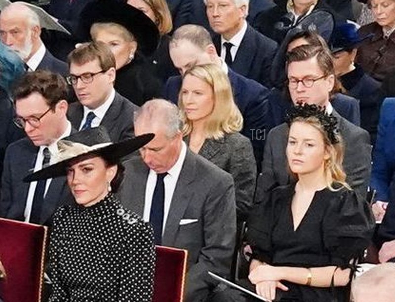 Britain's Queen Elizabeth II (L), and front row (L to R) Britain's Prince Charles, Prince of Wales, Britain's Camilla, Duchess of Cornwall, Britain's Princess Anne, Princess Royal, and Vice Admiral Timothy Laurence, Britain's Prince Andrew, Duke of York, Britain's Prince Edward, Earl of Wessex, Britain's Sophie, Countess of Wessex, Britain's Lady Louise Windsor and Viscount James Mountbatten-Windsor, and second row (L to R) Britain's Prince William, Duke of Cambridge, Britain's Prince George of Cambridge, Britain's Princess Charlotte of Cambridge and Britain's Catherine, Duchess of Cambridge, Peter Phillips, and his daughters Savannah and Isla, Mia Grace Tindal and her parents Zara Phillips amd Mike Tindall, attend a Service of Thanksgiving for Britain's Prince Philip, Duke of Edinburgh, at Westminster Abbey in central London on March 29, 2022
