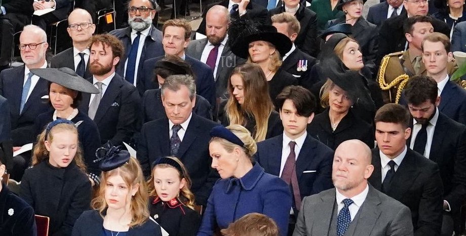 Britain's Queen Elizabeth II (L), and front row (L to R) Britain's Prince Charles, Prince of Wales, Britain's Camilla, Duchess of Cornwall, Britain's Princess Anne, Princess Royal, and Vice Admiral Timothy Laurence, Britain's Prince Andrew, Duke of York, Britain's Prince Edward, Earl of Wessex, Britain's Sophie, Countess of Wessex, Britain's Lady Louise Windsor and Viscount James Mountbatten-Windsor, and second row (L to R) Britain's Prince William, Duke of Cambridge, Britain's Prince George of Cambridge, Britain's Princess Charlotte of Cambridge and Britain's Catherine, Duchess of Cambridge, Peter Phillips, and his daughters Savannah and Isla, Mia Grace Tindal and her parents Zara Phillips amd Mike Tindall, attend a Service of Thanksgiving for Britain's Prince Philip, Duke of Edinburgh, at Westminster Abbey in central London on March 29, 2022