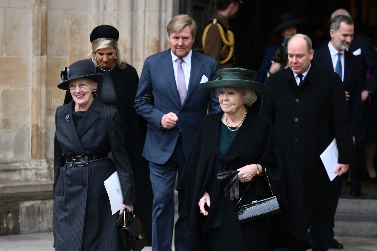Denmark's Queen Margrethe (L) walks with Netherlands' Queen Maxima (2L), Netherlands' King Willem-Alexander (C), Netherlands' Princess Beatrix (4L) and Monaco's Prince Albert II (2R) as they leave after attending a Service of Thanksgiving for Britain's Prince Philip, Duke of Edinburgh, at Westminster Abbey in central London on March 29, 2022
