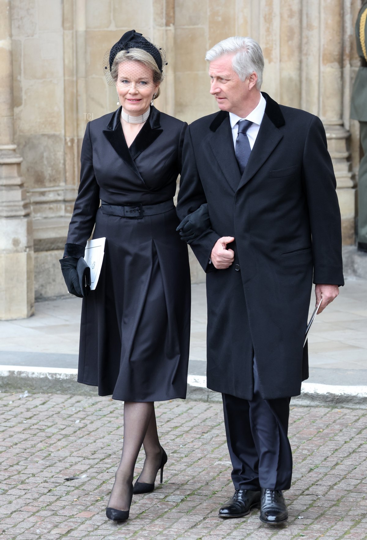 Queen Mathilde of Belgium and King Philippe of Belgium depart the memorial service for the Duke Of Edinburgh at Westminster Abbey on March 29, 2022 in London, England