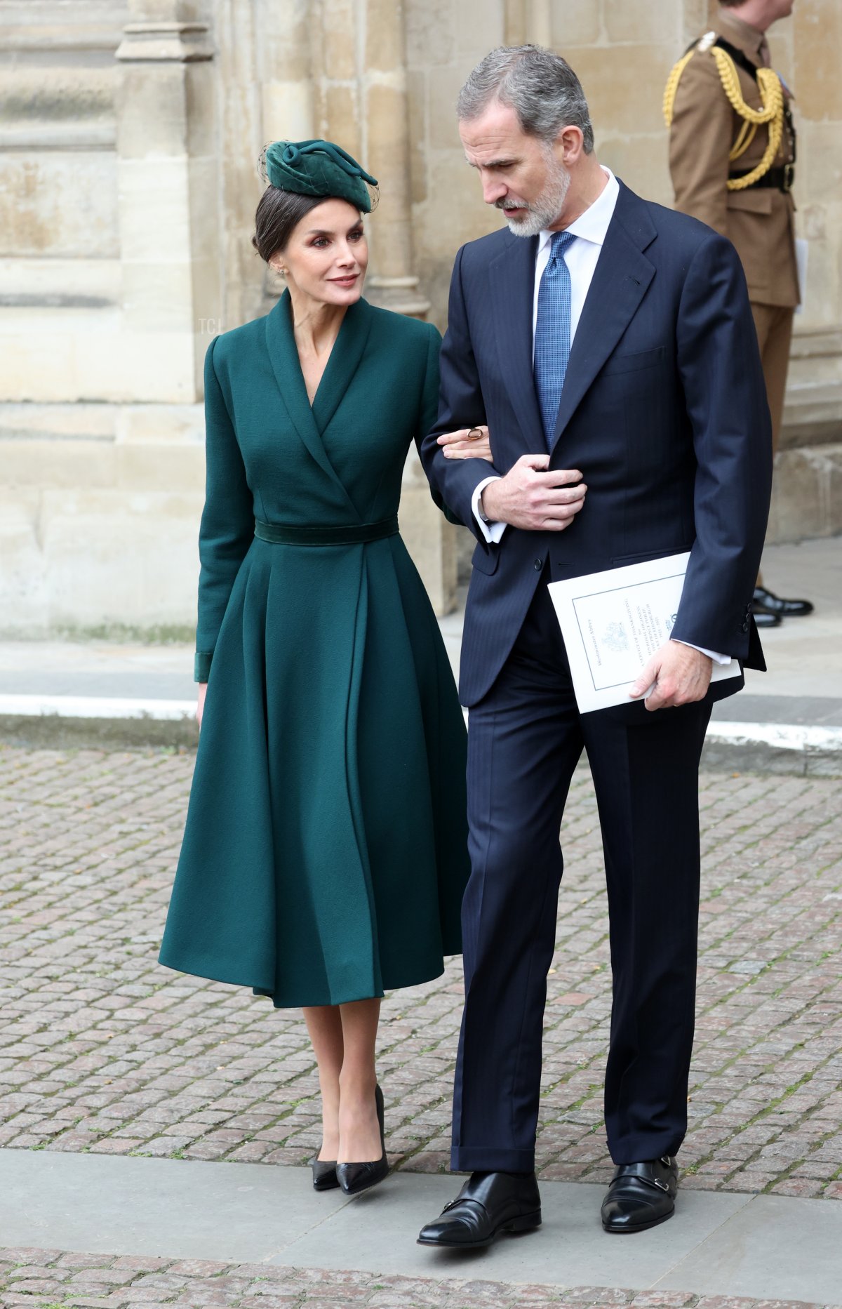 Queen Letizia of Spain and King Felipe VI of Spain depart the memorial service for the Duke Of Edinburgh at Westminster Abbey on March 29, 2022 in London, England