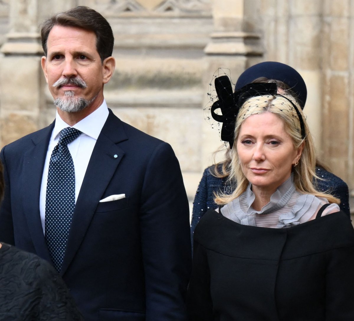 Greece's Crown Prince Pavlos (C) Greece's Crown Princess Marie-Chantal (L) and Greece's former Queen Anne-Marie arrive to attend a Service of Thanksgiving for Britain's Prince Philip, Duke of Edinburgh, at Westminster Abbey in central London on March 29, 2022