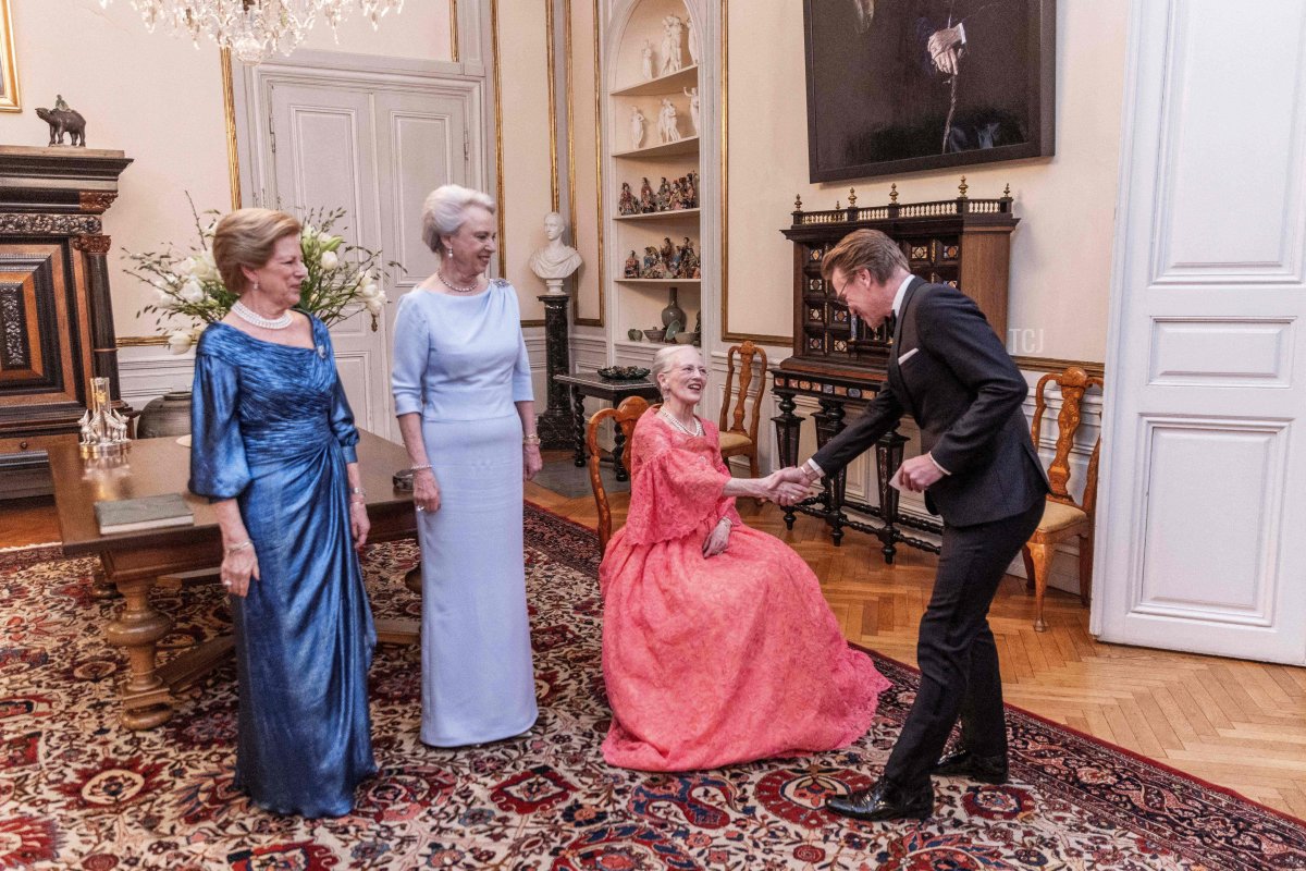Queen Margrethe of Denmark (3rdL) and her sisters princess Benedikte and queen Anne-Marie receive guests before the ballets 'Palaeerne Danser' and 'The mansions are dancing' and an award ceremony with Queen Ingrids at Amalienborg Castle in Copenhagen, Denmark, on March 27, 2022