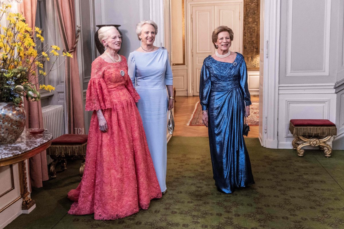 Queen Margrethe of Denmark (L) and her sisters princess Benedikte (C) and queen Anne-Marie arrive to receive guests before the ballets 'Palaeerne Danser' and 'The mansions are dancing' and an award ceremony with Queen Ingrids at Amalienborg Castle in Copenhagen, Denmark, on March 27, 2022