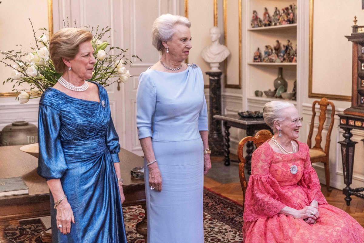Queen Margrethe of Denmark (L) and her sisters princess Benedikte (C) and queen Anne-Marie arrive to receive guests before the ballets 'Palaeerne Danser' and 'The mansions are dancing' and an award ceremony with Queen Ingrids at Amalienborg Castle in Copenhagen, Denmark, on March 27, 2022