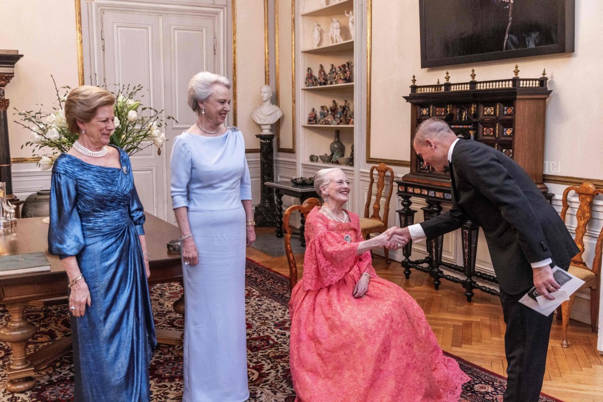 Queen Margrethe of Denmark (L) and her sisters princess Benedikte (C) and queen Anne-Marie arrive to receive guests before the ballets 'Palaeerne Danser' and 'The mansions are dancing' and an award ceremony with Queen Ingrids at Amalienborg Castle in Copenhagen, Denmark, on March 27, 2022