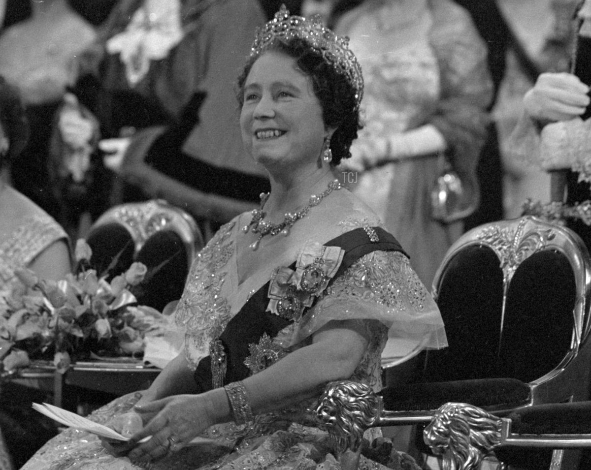 The Queen Mother at the Guildhall for the City of London's reception in her honour on her return from a Commonwealth tour of Australia and New Zealand