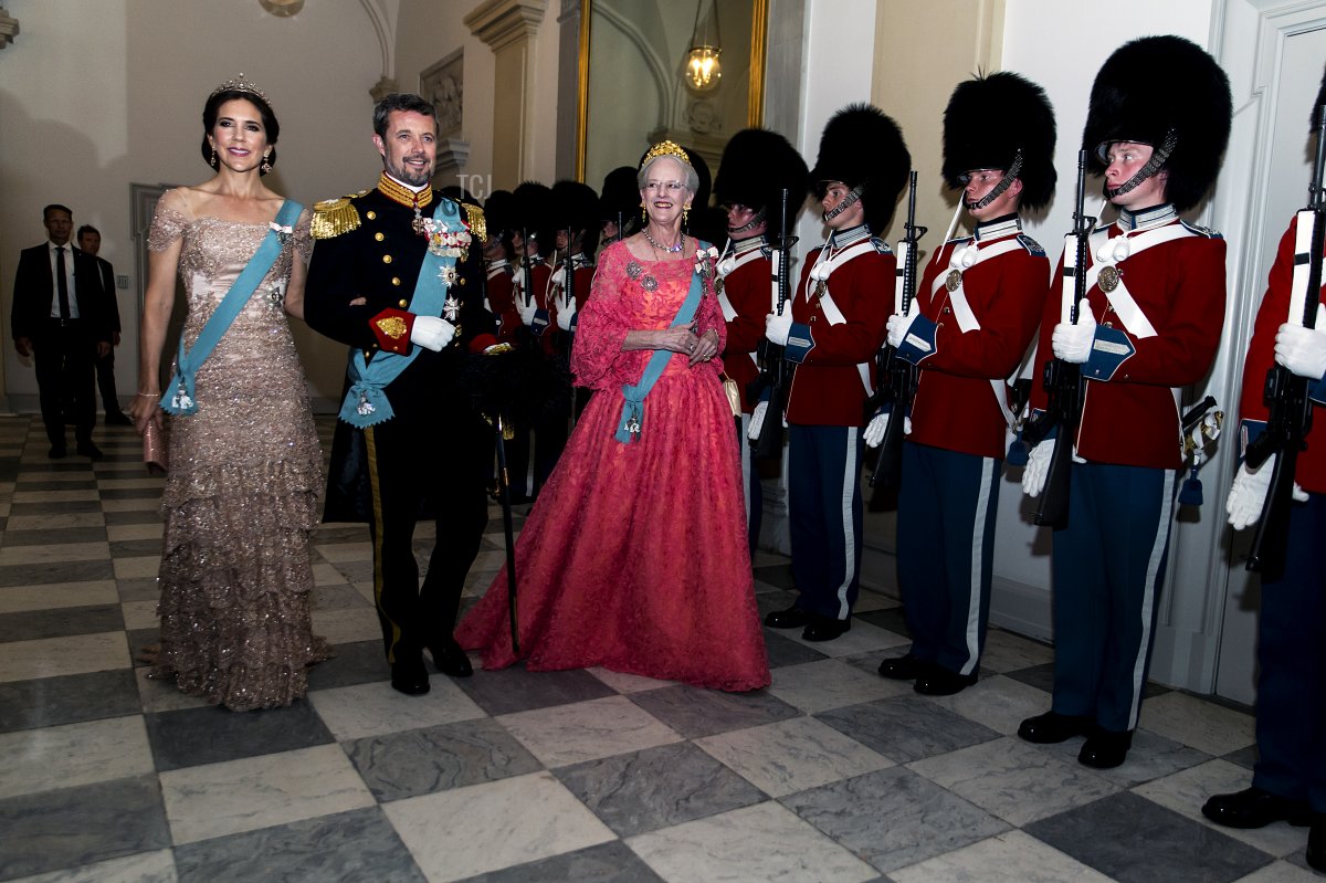 Queen Margrethe of Denmark as host for the evening leads Crown Prince Frederik and Crown Princess Mary to the Knights hall where the gala banquet on the occasion of The Crown Prince's 50th birthday at Christiansborg Palace is held on May 26, 2018 in Copenhagen, Denmark