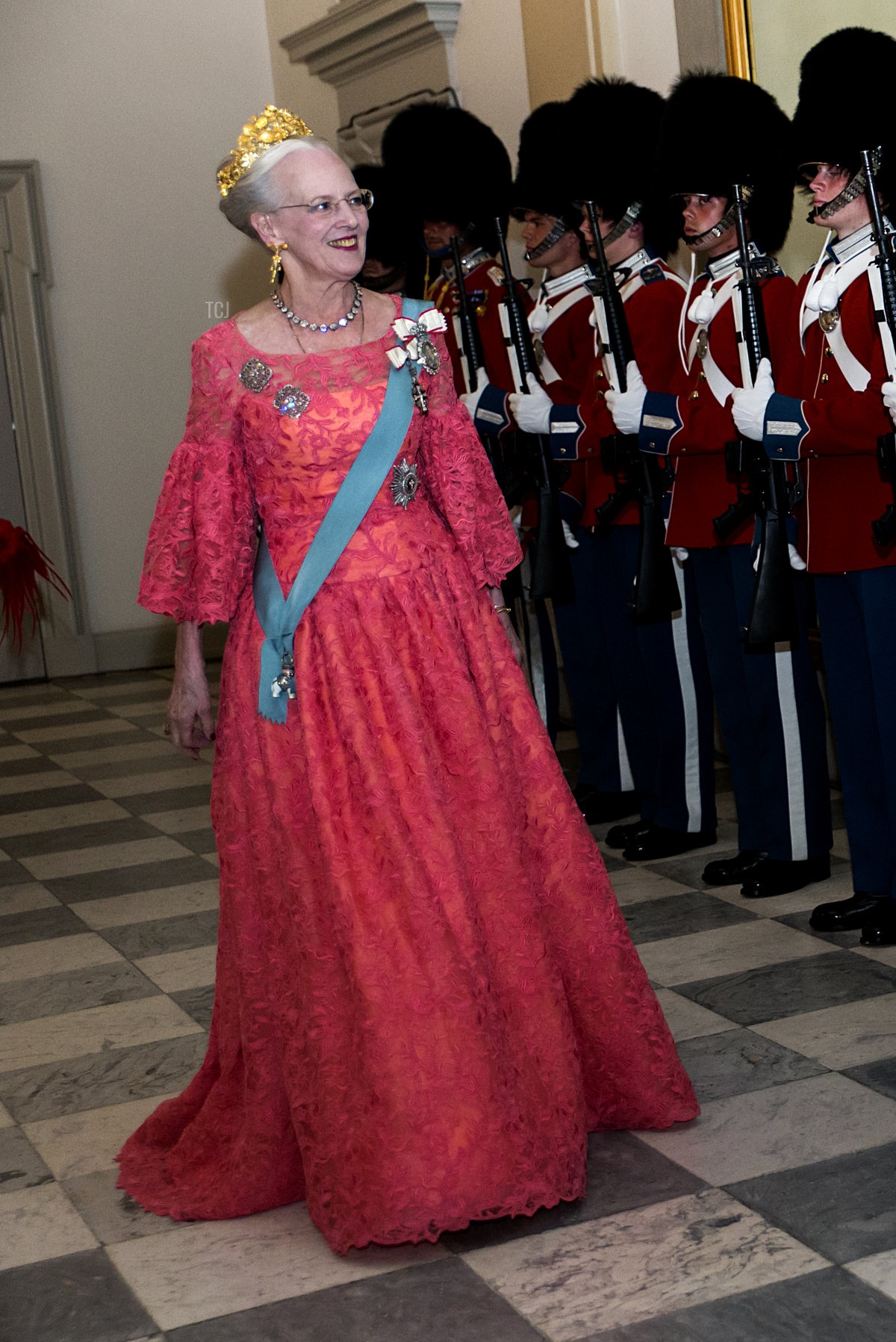Queen Margrethe of Denmark inspects the Royal Life Guard during her arrival to the gala banquet on the occasion of The Crown Prince's 50th birthday at Christiansborg Palace on May 26, 2018 in Copenhagen, Denmark