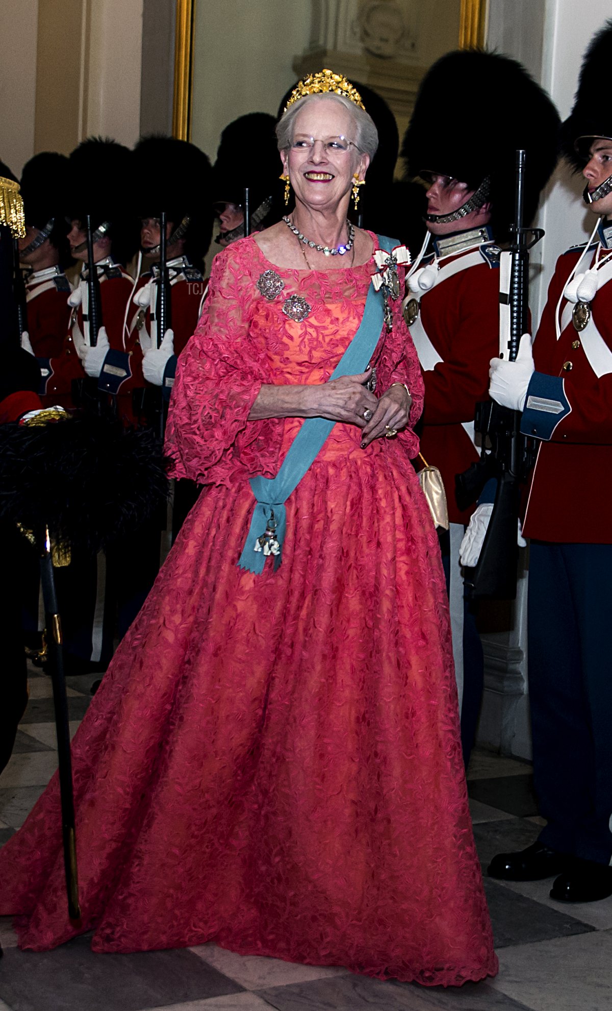 Queen Margrethe of Denmark inspects the Royal Life Guard during her arrival to the gala banquet on the occasion of The Crown Prince's 50th birthday at Christiansborg Palace on May 26, 2018 in Copenhagen, Denmark